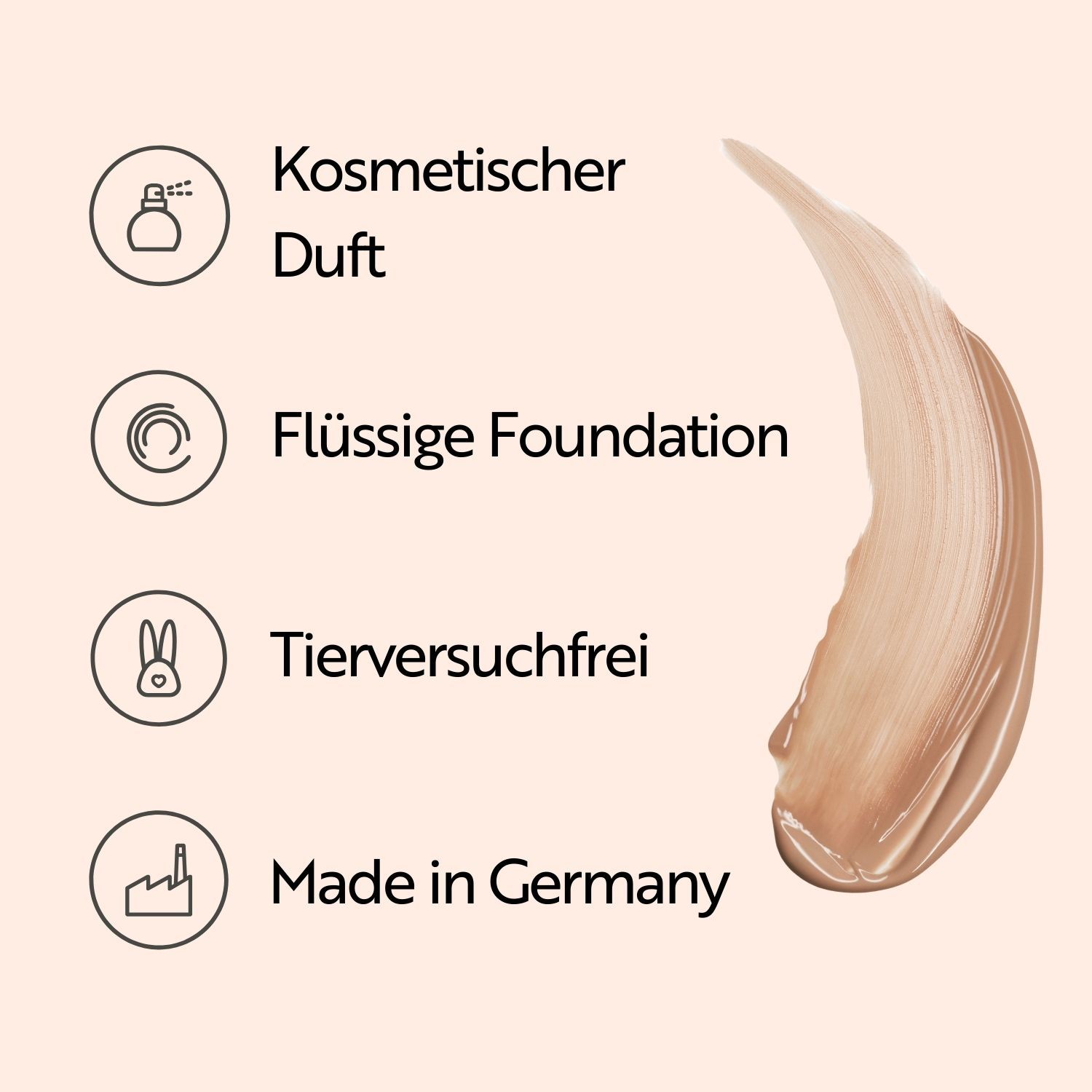 Symbole und Text. Kosmetischer Duft, flüssige Foundation, tierversuchsfrei, Made in Germany.
