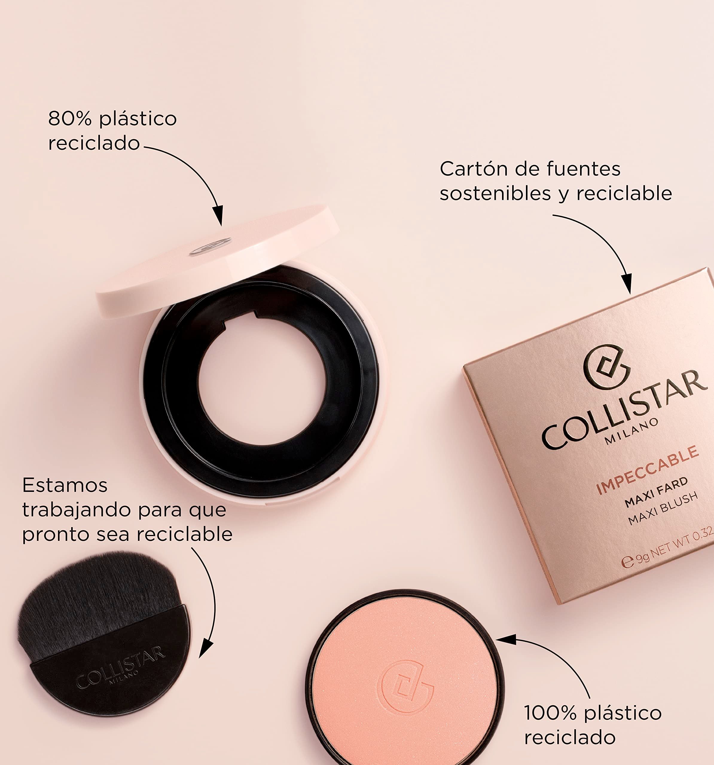 Blush-Kompaktpuder, Pinsel und Verpackung. Text: 80% recyceltes Plastik, Karton aus nachhaltigen Quellen, 100% recyceltes Plastik.