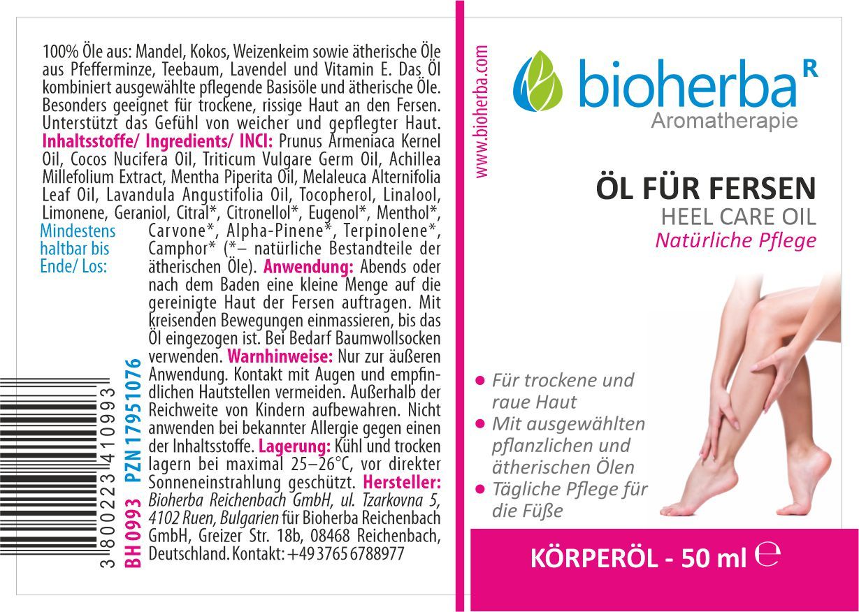 Etikett mit Produktinformationen. Text: Bioherba Öl für Fersen, Inhaltsstoffe, Anwendung, Warnhinweise. Abbildung: Füße.