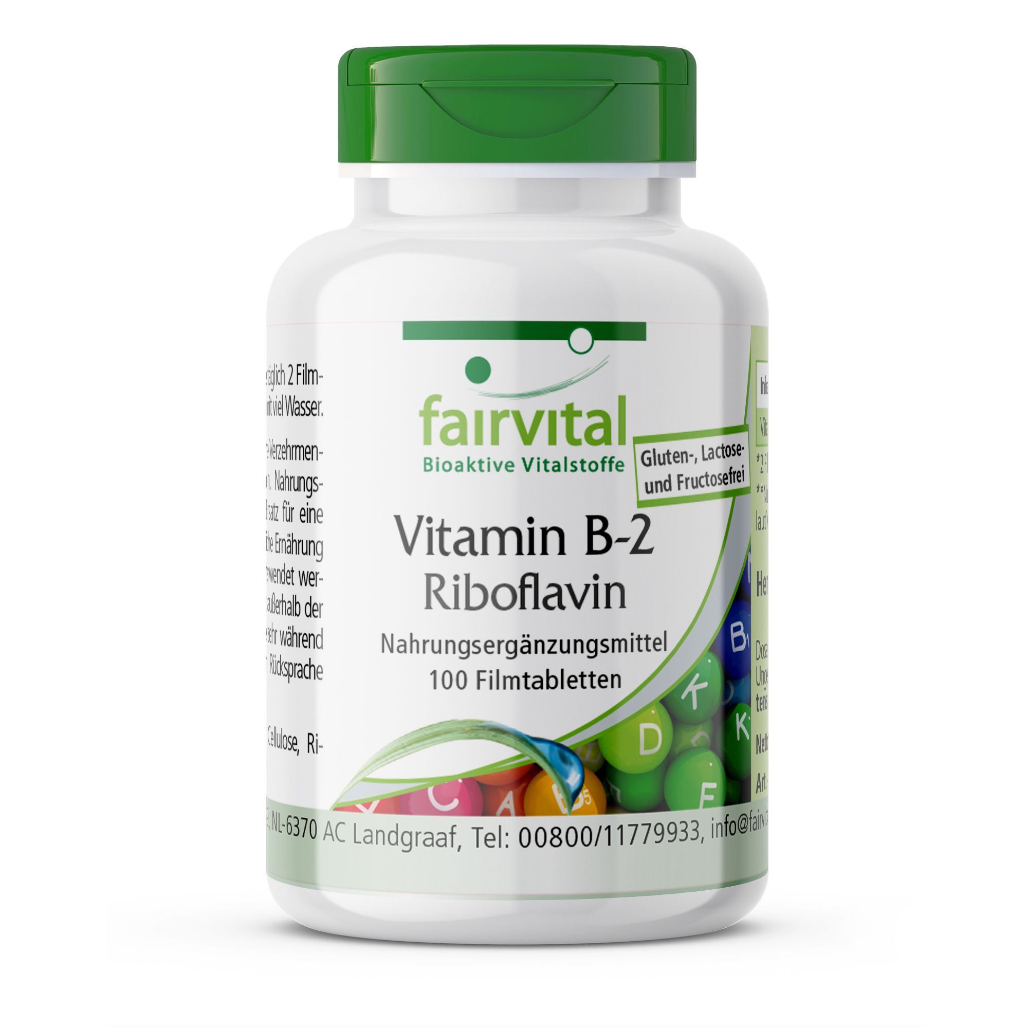 Flasche Fairvital Vitamin B-2 Riboflavin, 100 Filmtabletten. Gluten-, Laktose- und Fruktosefrei.