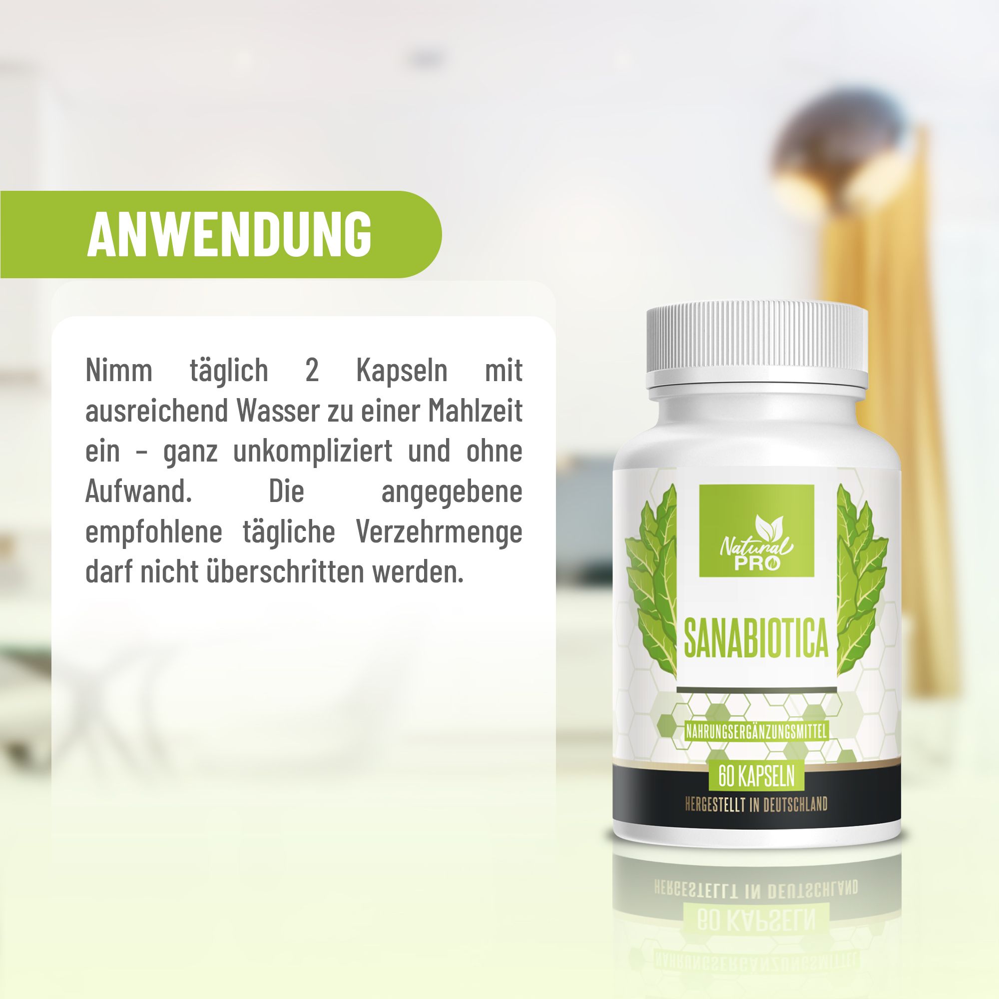 Flasche mit Natural PRO, SANABIOTICA. Anwendung: 2 Kapseln täglich mit Wasser. Nahrungsergänzungsmittel.