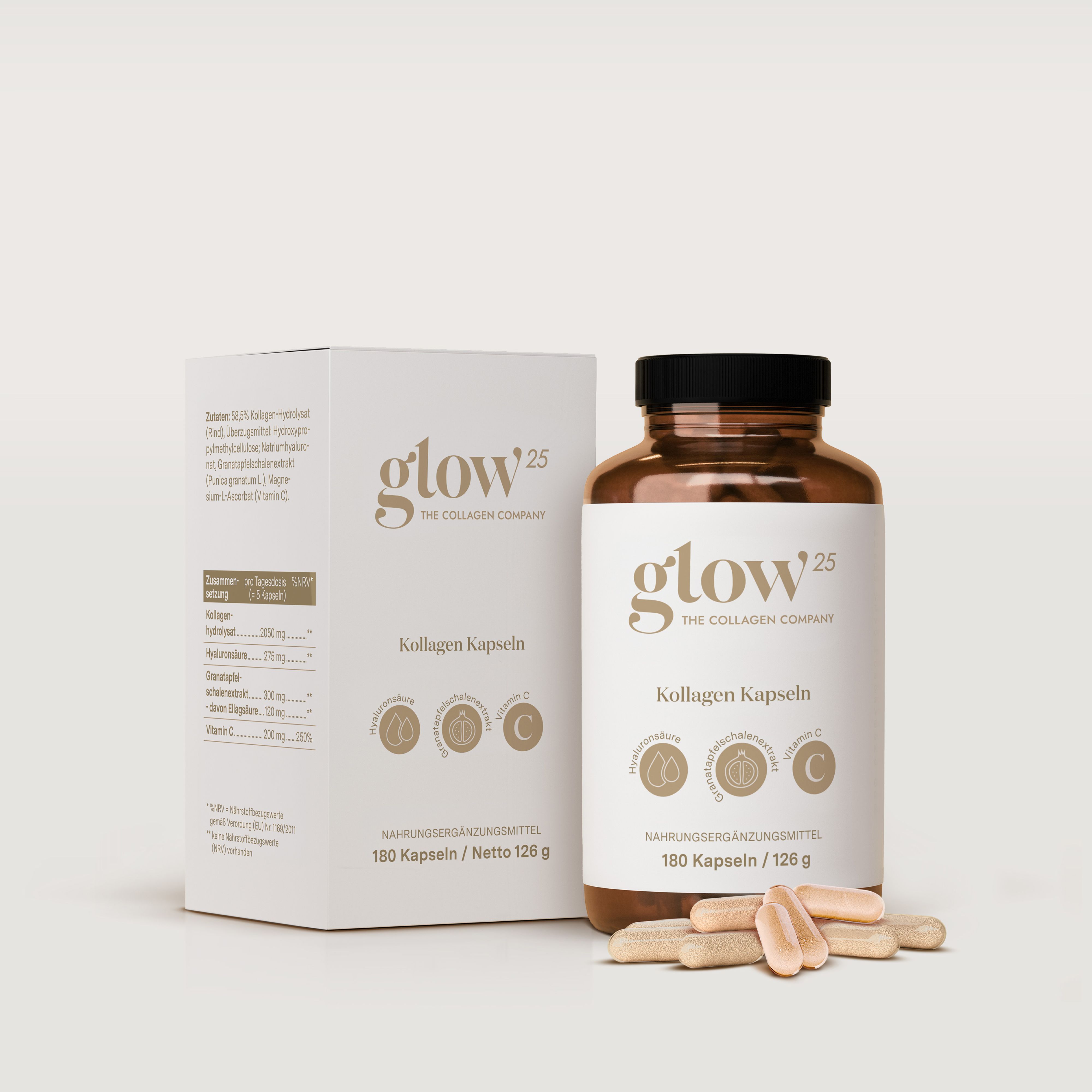Produktverpackung und Flasche mit Kapseln. Aufschrift: Glow25, Kollagen Kapseln, 180 Kapseln. Einige Kapseln daneben.