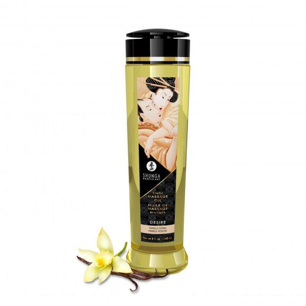 Flüssigkeit in einer Flasche mit schwarzem Deckel. Aufschrift: SHUNGA. Motiv: Paar. Daneben: Vanilleblüte und Schote.