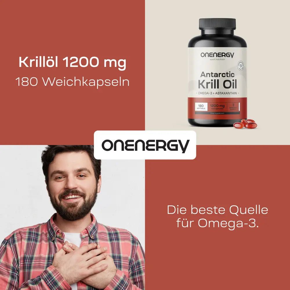 Collage: Flasche OnEnergy Antarctic Krill Oil, Text über Huile de krill 1200 mg, Stichpunkte.
