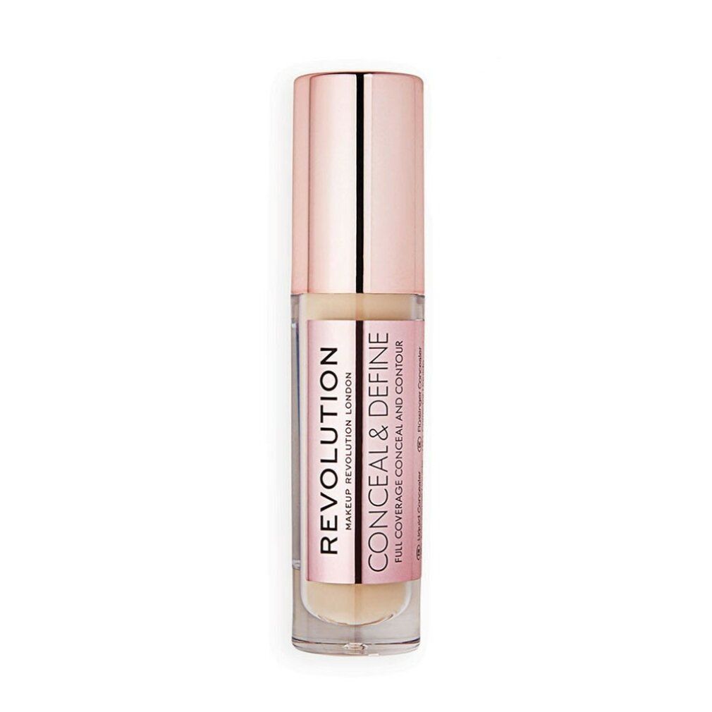 Concealer-Fläschchen mit roségoldfarbenem Deckel. Aufschrift: REVOLUTION CONCEAL & DEFINE.