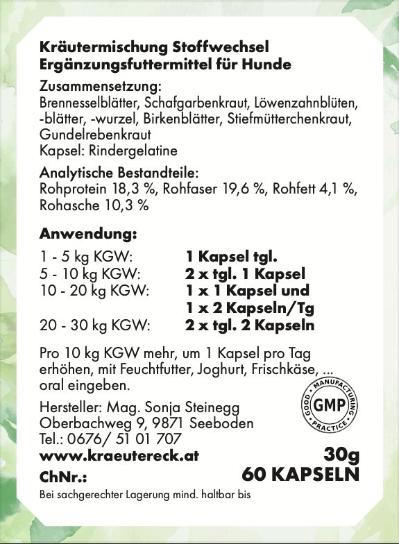 Etikett mit Produktinformationen: Kräutermischung, Inhaltsstoffe, Analyse, Anwendung, Hersteller, GMP-Siegel.