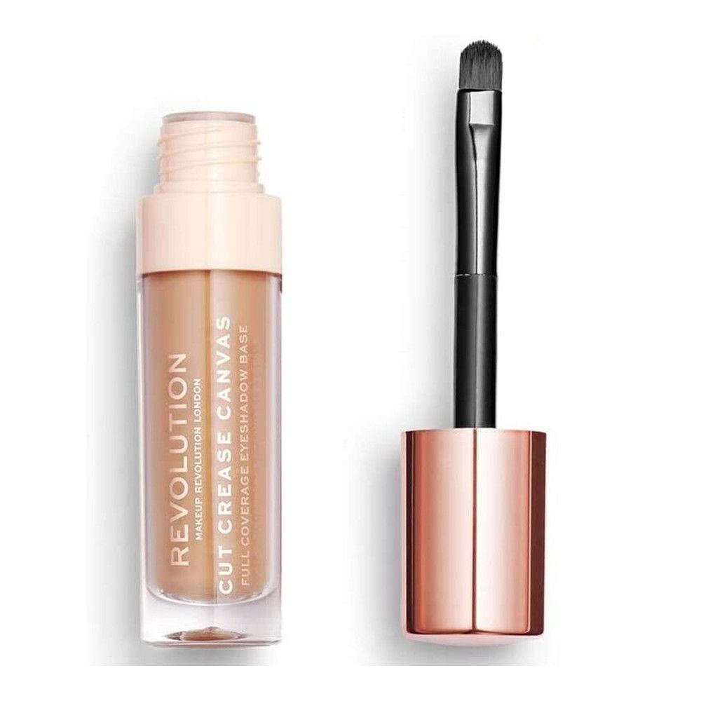 Lidschatten-Grundierung in einer transparenten Flasche mit roségoldener Kappe und Applikatorpinsel. Text: CUT CREASE CANVAS.