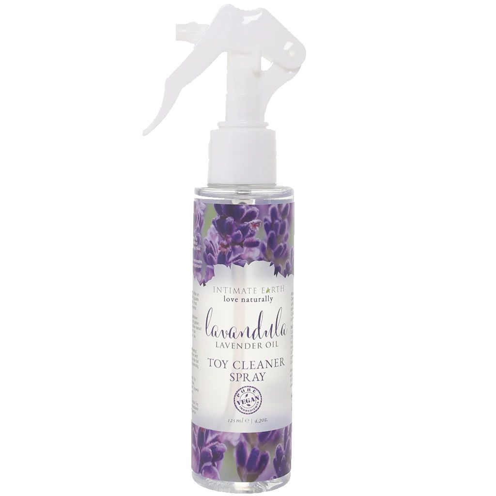 Lavendel Toy Cleaner Spray mit Pumpzerstäuber. Transparente Flasche mit Lavendelmotiv.