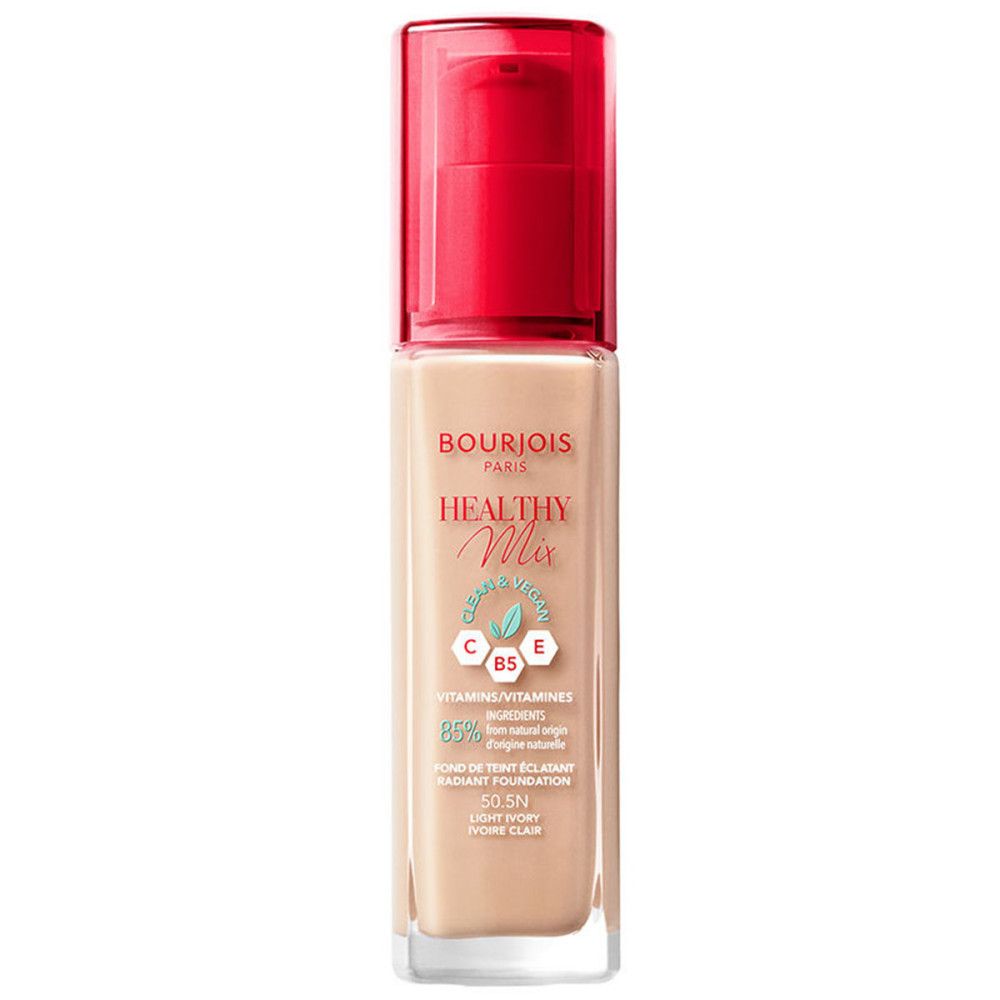 Foundation-Flakon mit rotem Pumpverschluss. Aufschrift: Bourjois Healthy Mix. Farbton: 50,5N Light Ivory. Vitamine und Inhaltsstoffe.