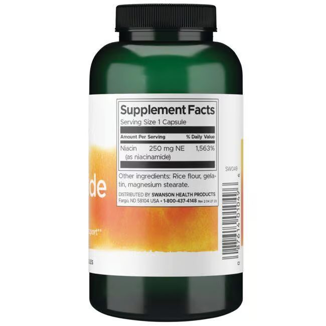 Grüne Flasche mit weißem Etikett. Aufschrift: Niacinamid, 250 mg. Enthält Kapseln. Rückseite mit Nährwertangaben.
