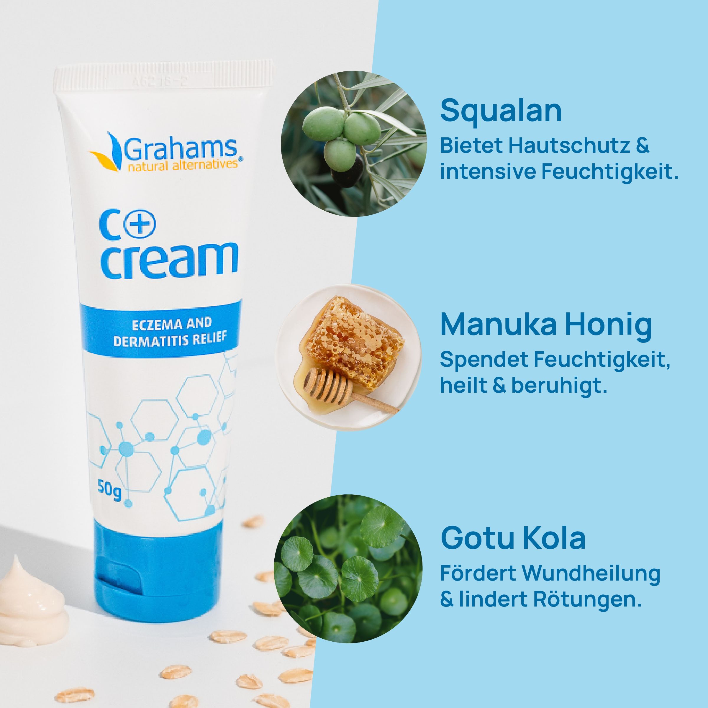 Grahams C+ Creme Tube mit Inhaltsstoffen: Squalane, Manuka Honig, Gotu Kola. Text: spendet Feuchtigkeit, beruhigt.