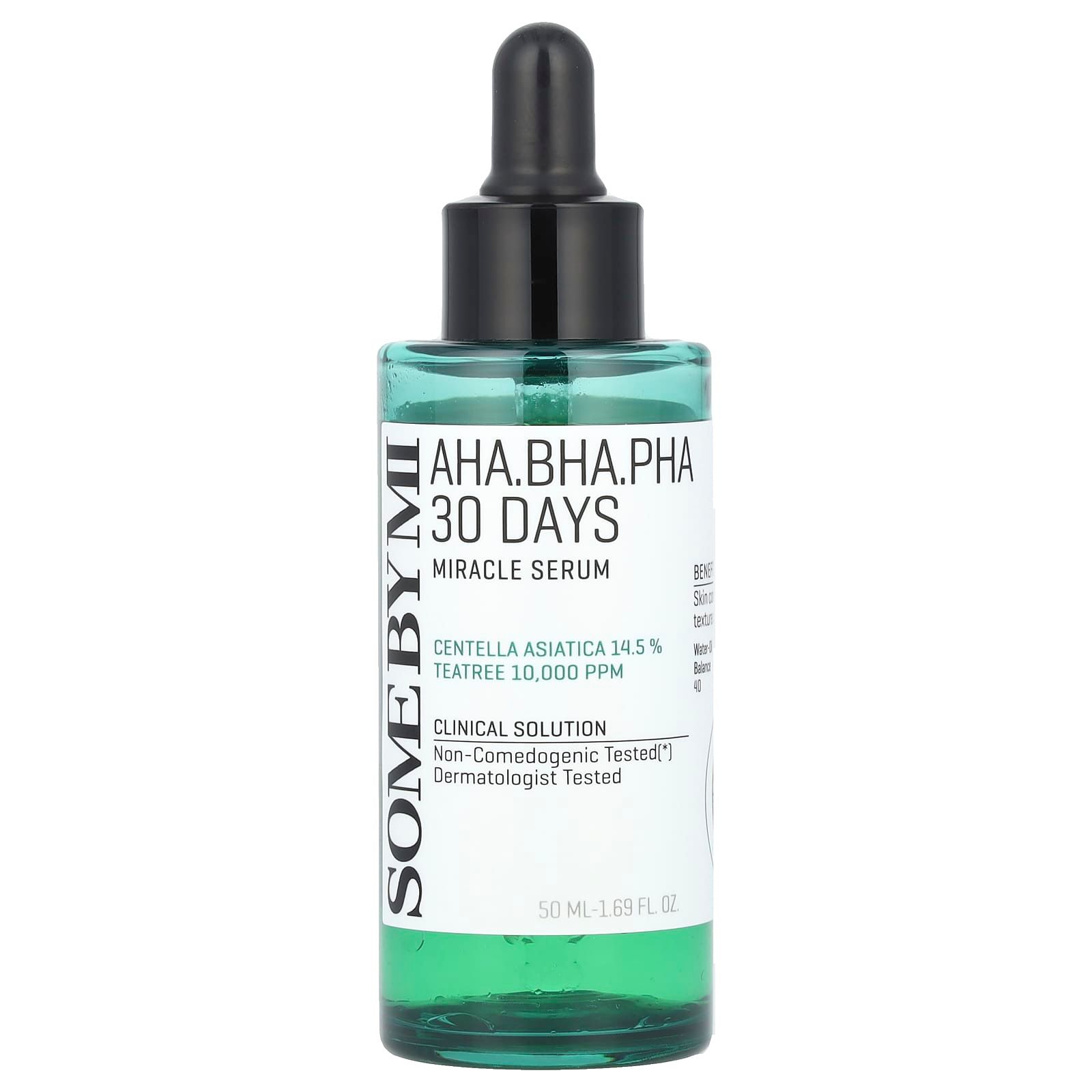 Grüne Serumflasche mit schwarzem Deckel und Pipette. Aufschrift: AHA.BHA.PHA 30 DAYS MIRACLE SERUM. Marke SOMEBYMI.