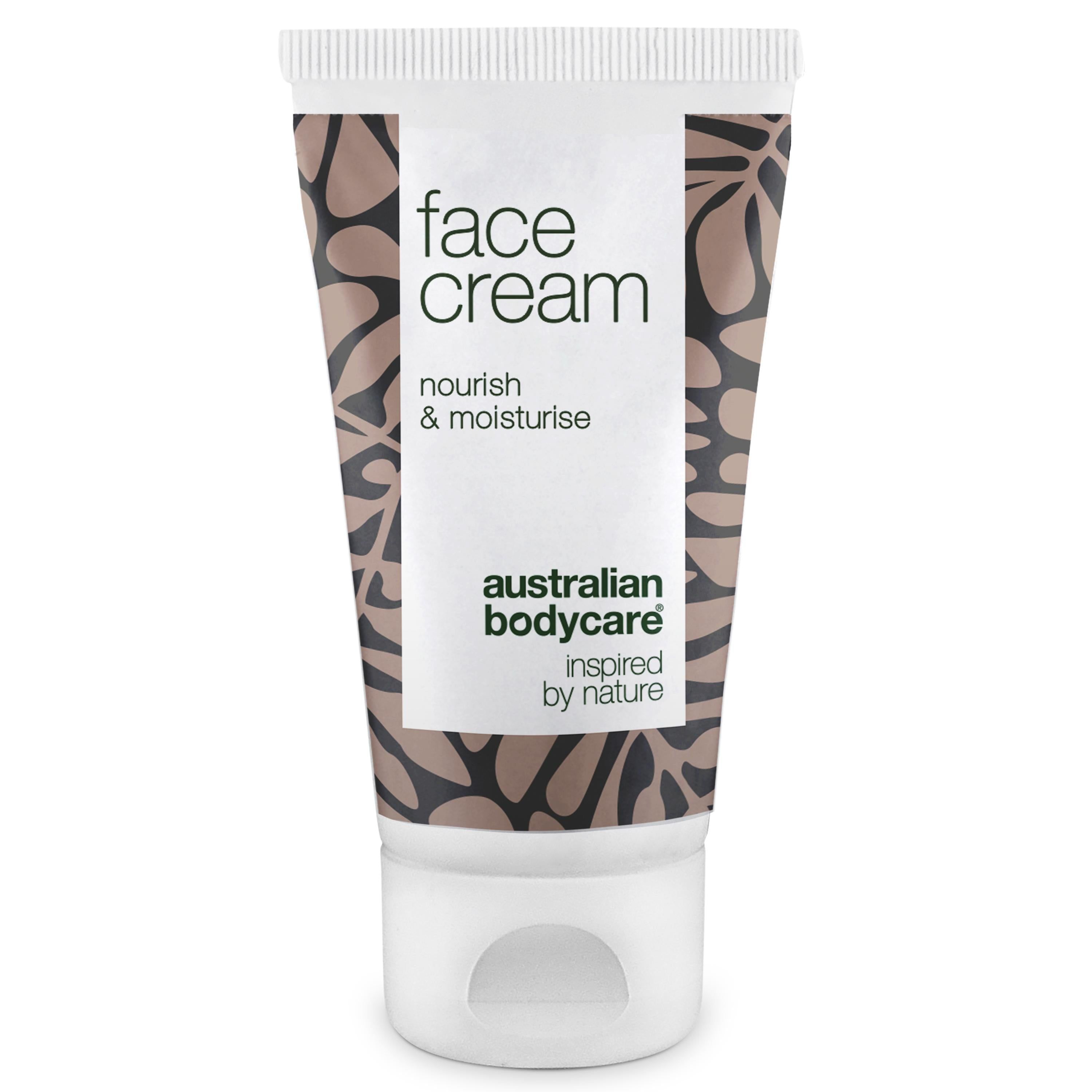 Creme-Tube mit weißem Deckel. Text: face cream, nourish & moisturise. Marke: Australian Bodycare.