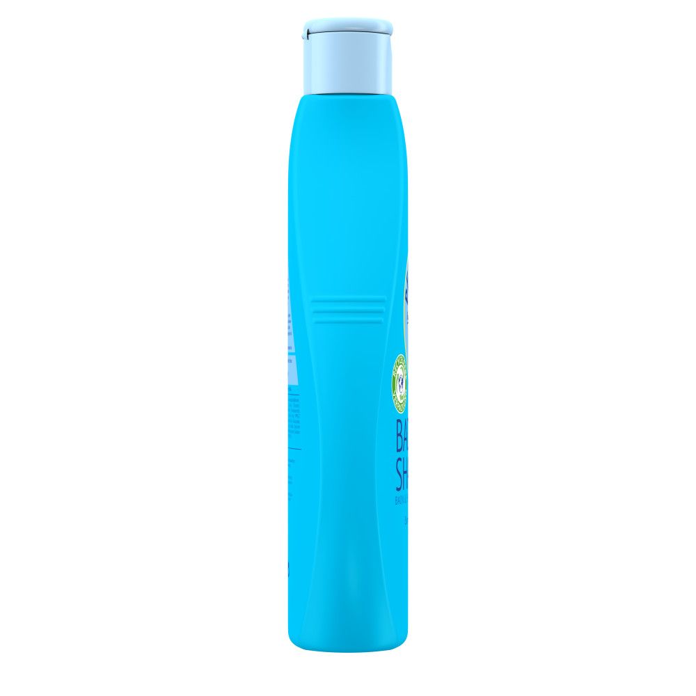 Schmale, hellblaue Flasche. Aufschrift: Penaten Baby Bad & Shampoo. Logo mit Figur. Siegel: Hautverträglichkeit.