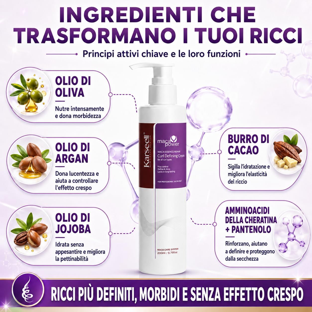Flasche mit Pumpaufsatz für Locken definierendes Haarcreme von Karseell, mit Olivenöl, Arganöl, Jojobaöl, Kakaobutter und Aminosäuren.