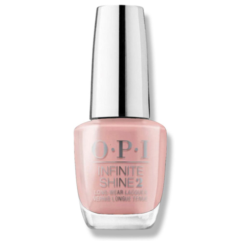 Nagellackflasche mit rosafarbenem Lack. Silberfarbener Deckel. Aufschrift: OPI Infinite Shine 2.