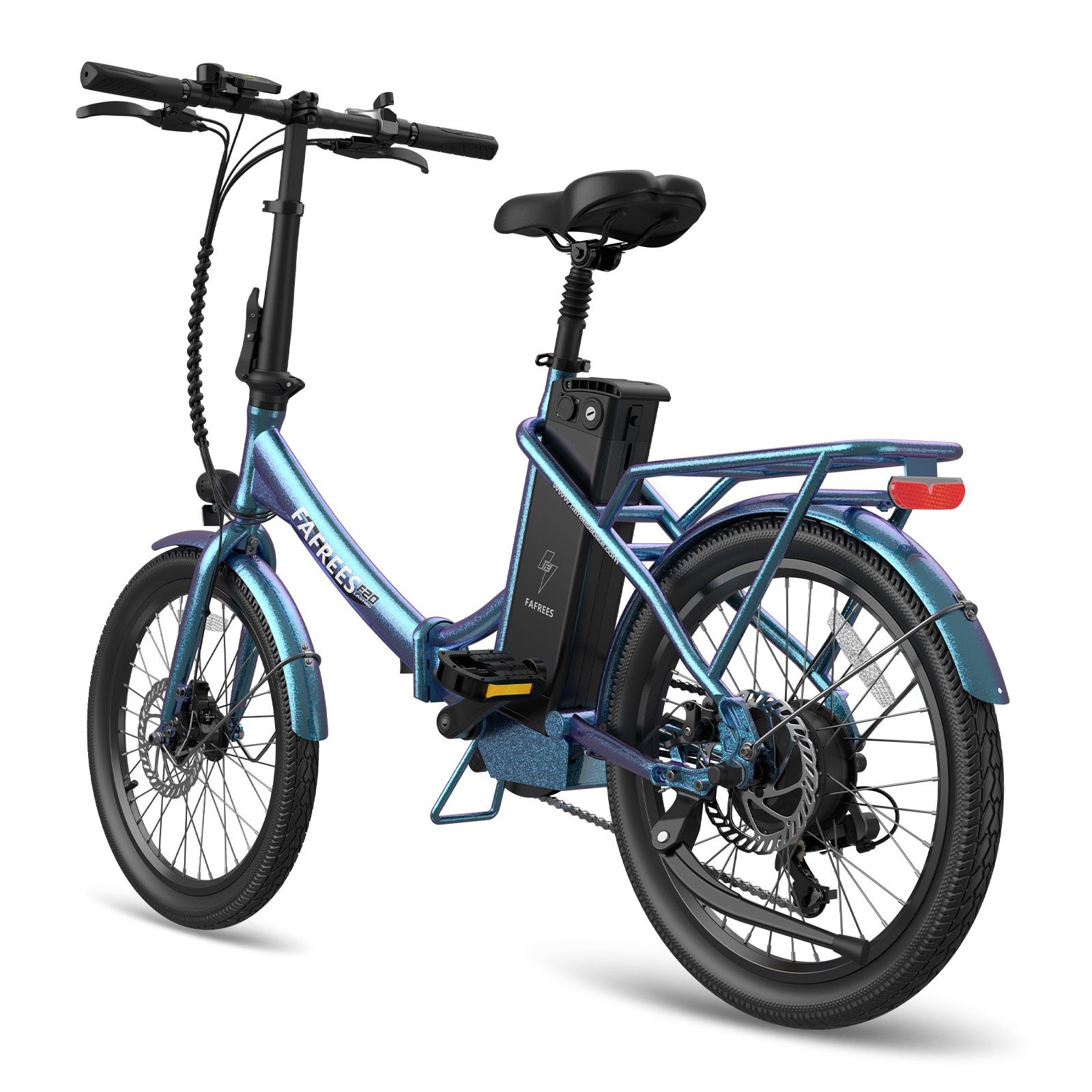 Blaues Fafrees F20 E-Bike. Klapprahmen, Gepäckträger, Scheibenbremsen, Akku am Rahmen. Schwarze Reifen und Sattel.