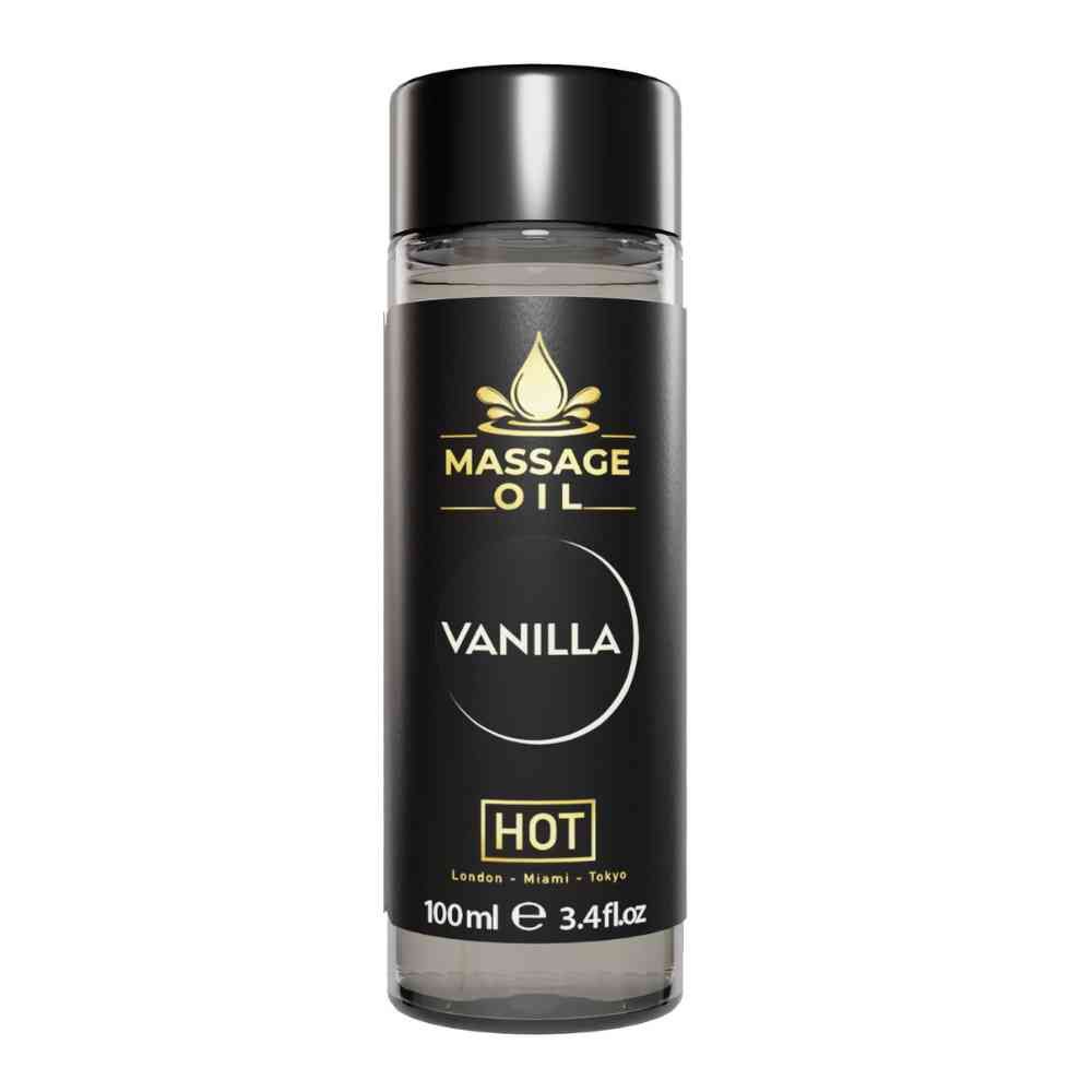 Zylindrische Flasche mit schwarzem Deckel. Aufschrift: Massage Oil Vanilla. Unter dem Namen: HOT. Volumen: 100ml.