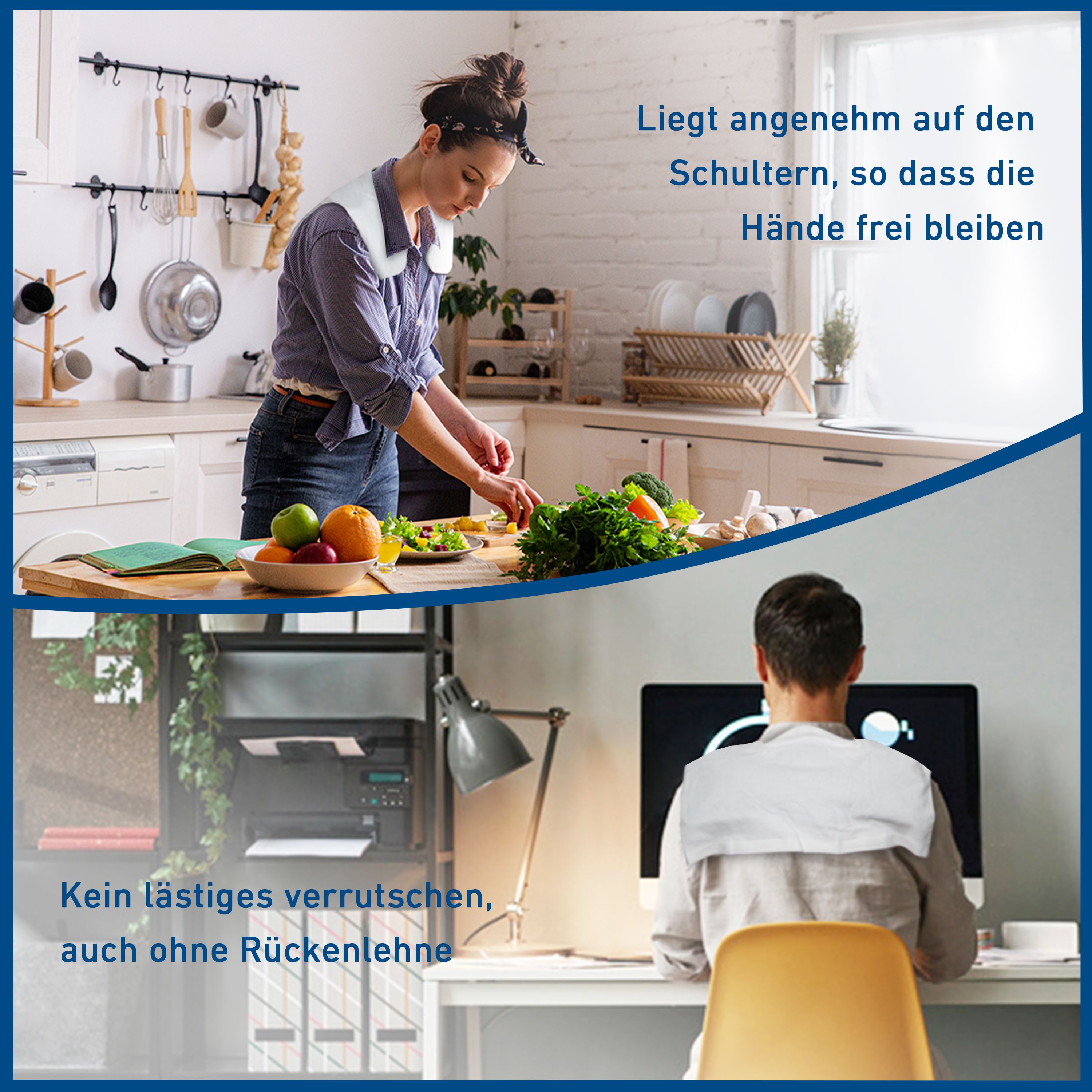 Personen mit Nackenkissen beim Kochen und am Schreibtisch. Text: 'Liegt angenehm auf den Schultern'.
