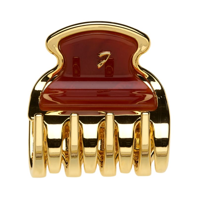 Haarspange mit goldfarbenem Rahmen und braunem Einsatz. Die Spange hat Zähne und ein kleines Logo.