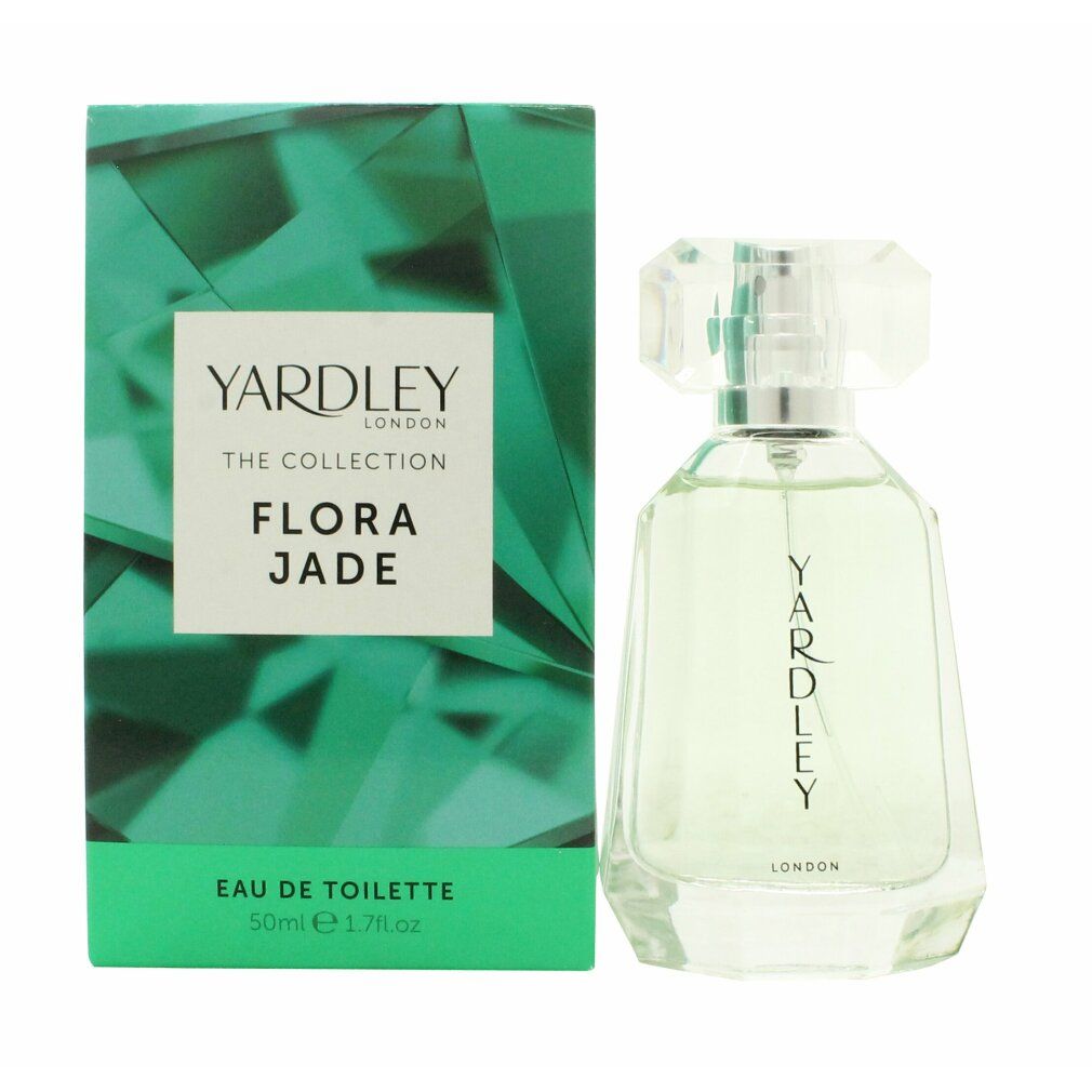 Grüne Schachtel und Flakon. Auf der Schachtel steht "YARDLEY LONDON THE COLLECTION FLORA JADE". Der Flakon ist transparent.
