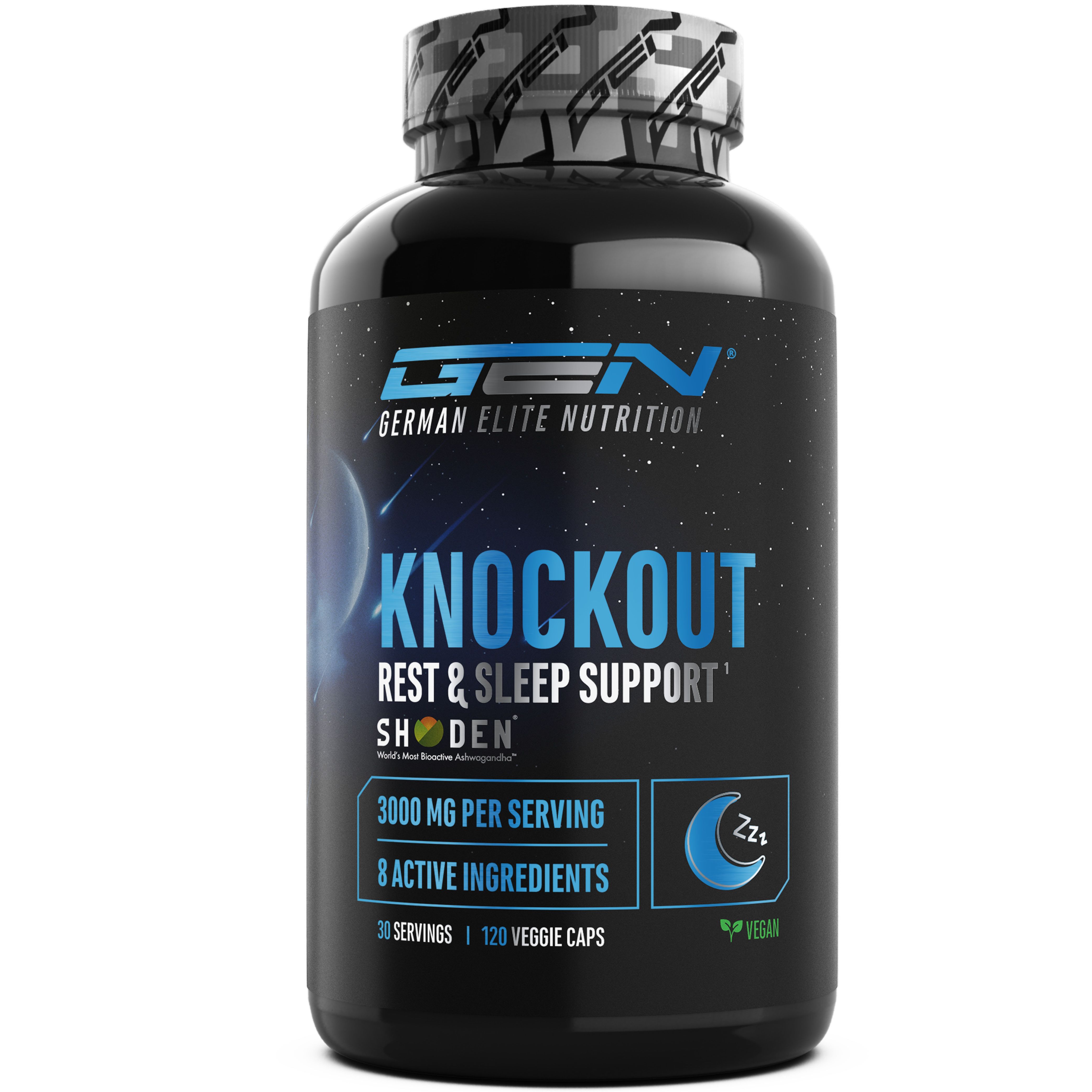 Schwarze Flasche mit Kapseln. Aufschrift: GEN Knockout, Rest & Sleep Support. 3000 mg pro Portion, 8 Inhaltsstoffe, 120 Veggie Kapseln.