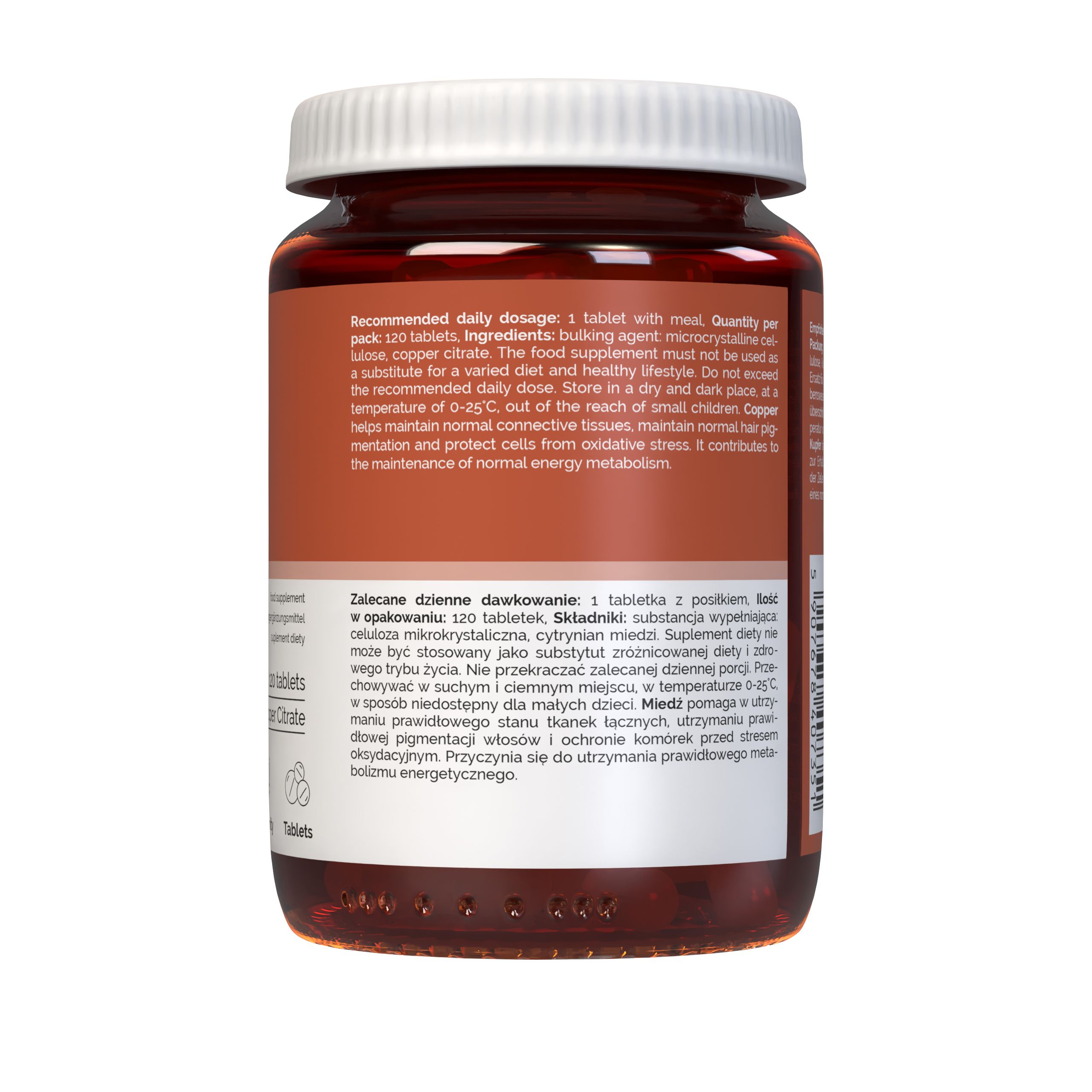 Rückseite einer Vitaler's Kupfer 2 mg Nahrungsergänzungsmittel-Flasche mit detaillierten Informationen.