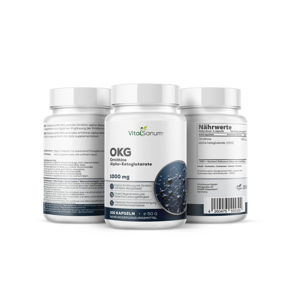 Drei weiße Flaschen VitaSanum OKG. Aufschrift: Ornithin Alpha-Ketoglutarat, 1000 mg, 100 Kapseln, 50g.