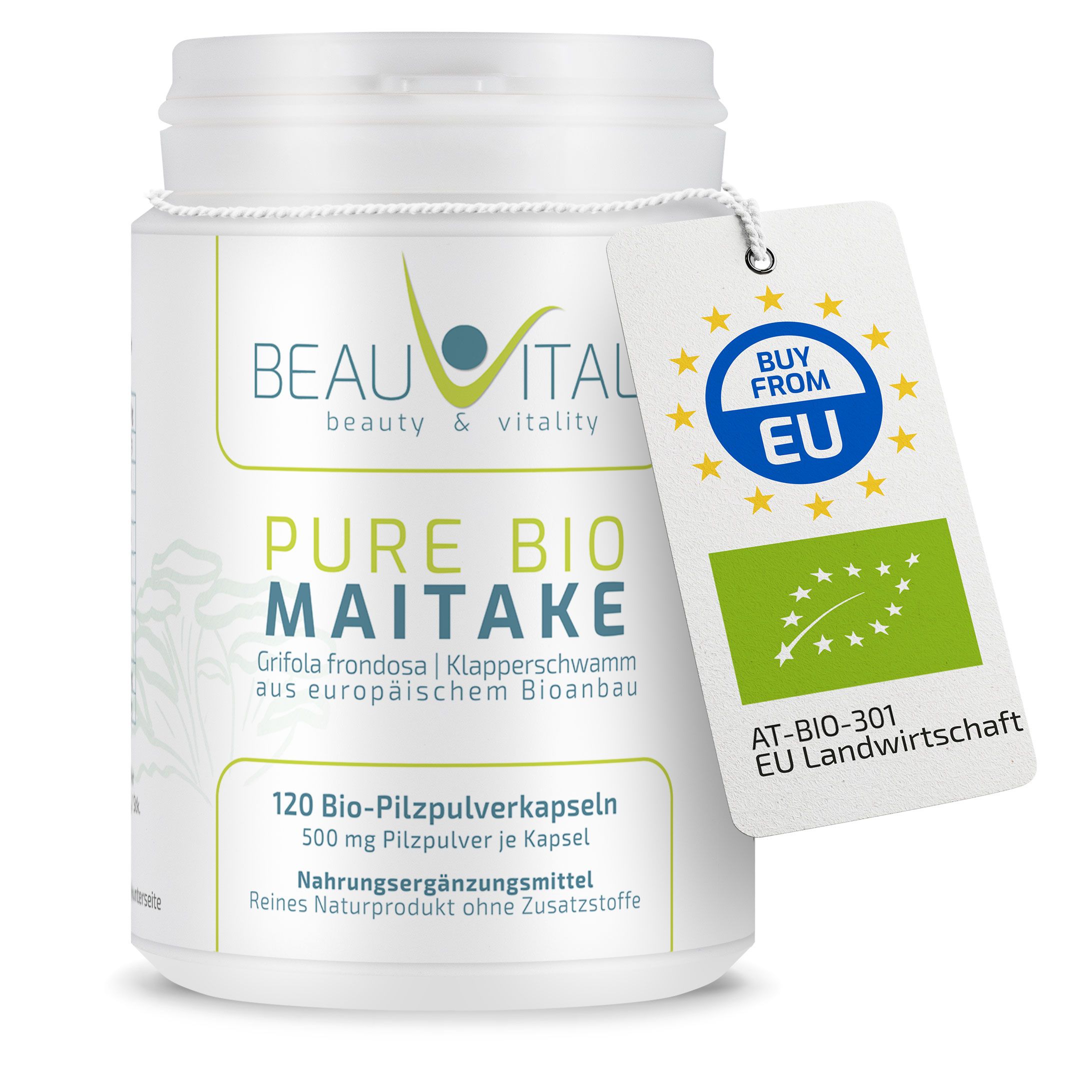 BEAUVITAL® Pure Bio Maitake Kapseln: Weißer Behälter mit Etikett, Maitake-Pilze, Moos und zwei Kapseln.