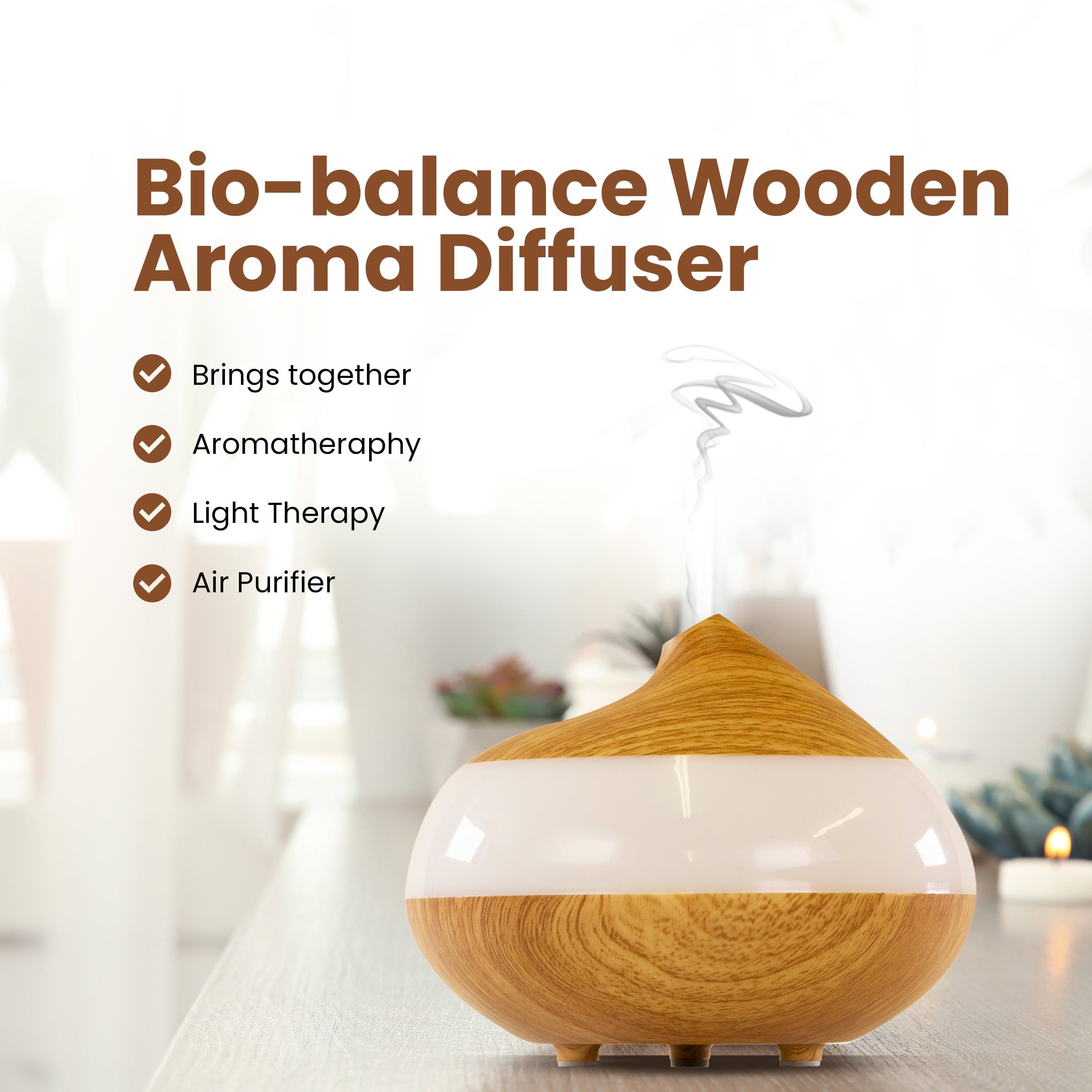 Aromadiffusor aus Holz mit weißem Band. Dampf steigt auf. Text: Bio-Balance Wooden Aroma Diffuser.