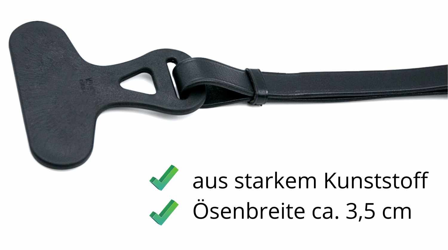 Schwarzer Schweifriemenhalter aus Kunststoff mit Ösenbreite ca. 3,5 cm. Text: aus starkem Kunststoff, Ösenbreite ca. 3,5 cm.