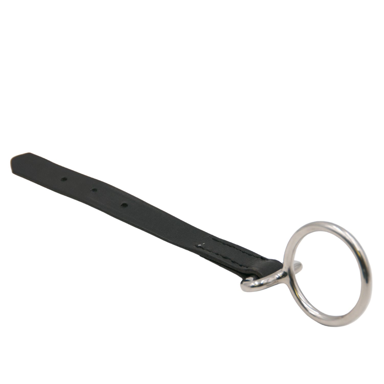 Leinenführungsring mit Lederriemen. Metallring mit schwarzem Lederriemen. Draufsicht.