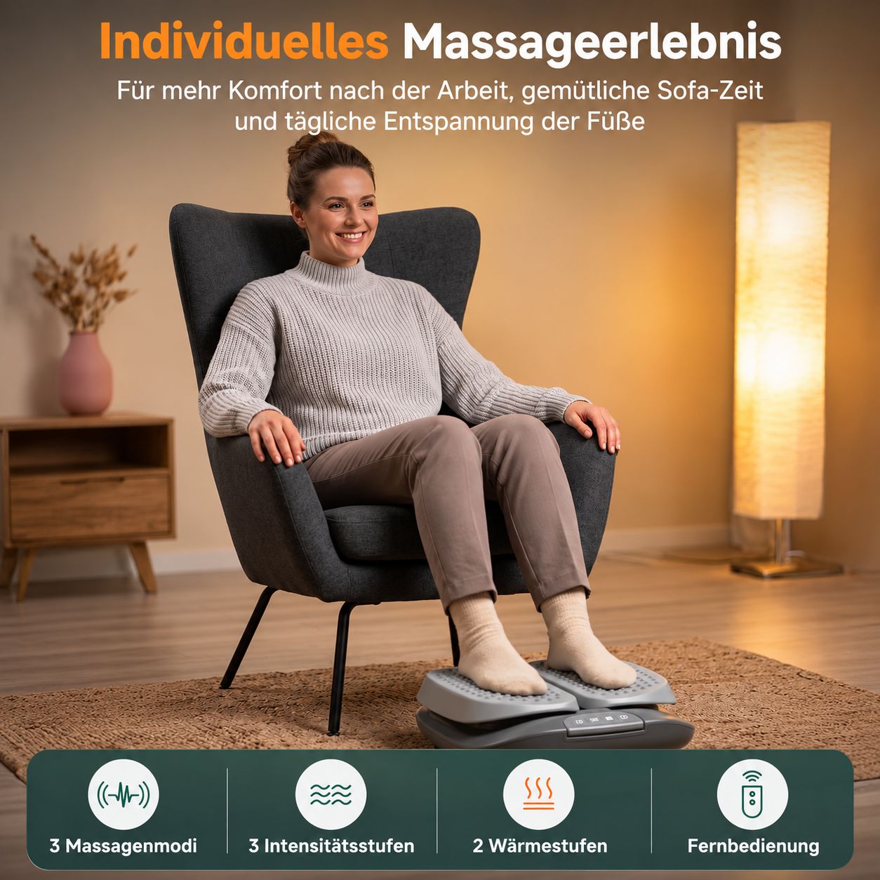 Graues Fußmassagegerät mit zwei geteilten Trittflächen und Bedienfeld an der Vorderseite.