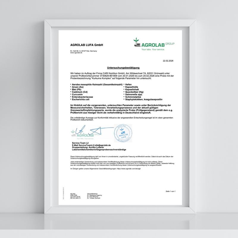 Analysenzertifikat von Agrolab für Cari Nutrition Kurkuma Komplex, bestätigt die Abwesenheit von Schwermetallen.