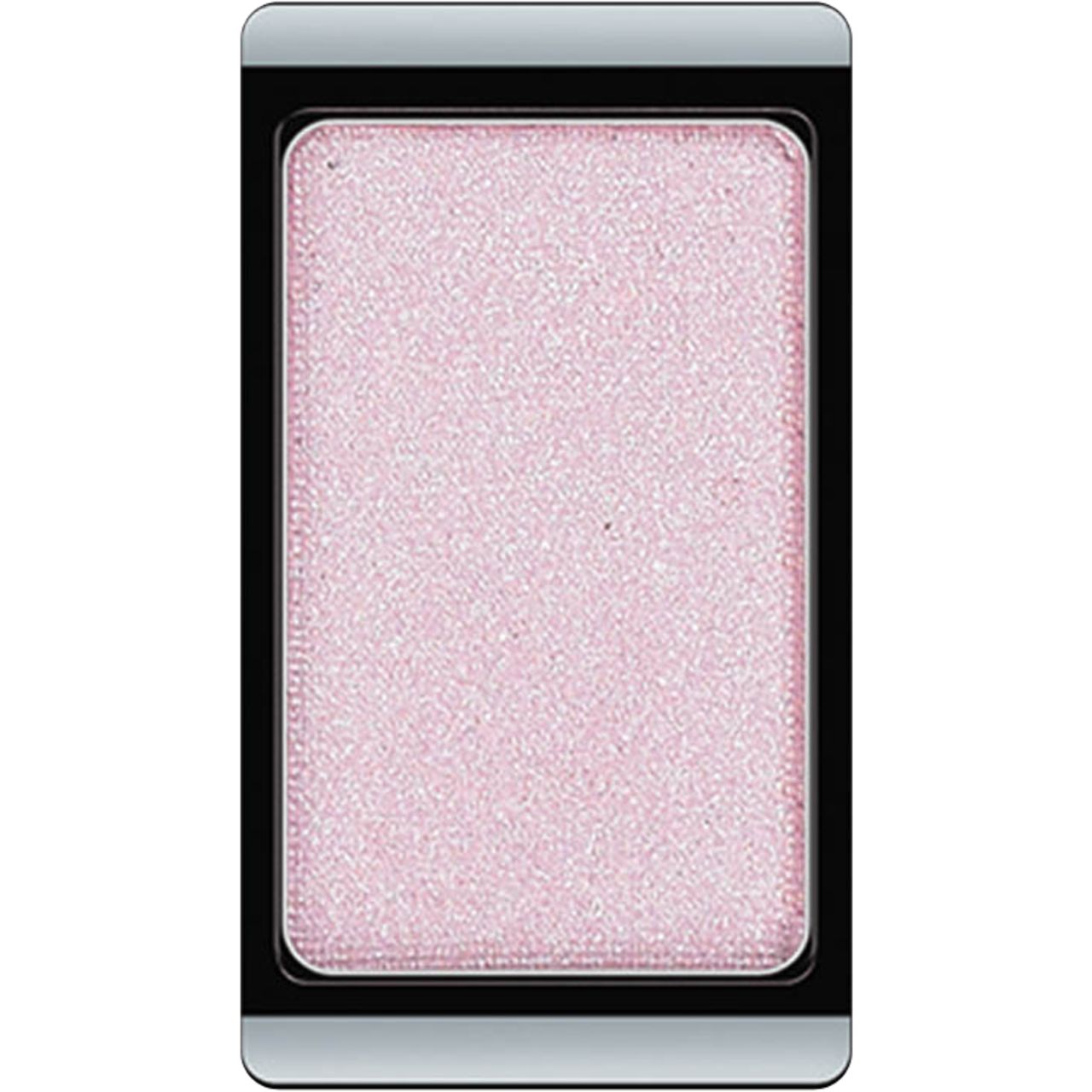 Lidschatten Pearlfarben in rechteckiger, schwarzer und silberner Hülle. Rosa schimmernde Farbe. Draufsicht.