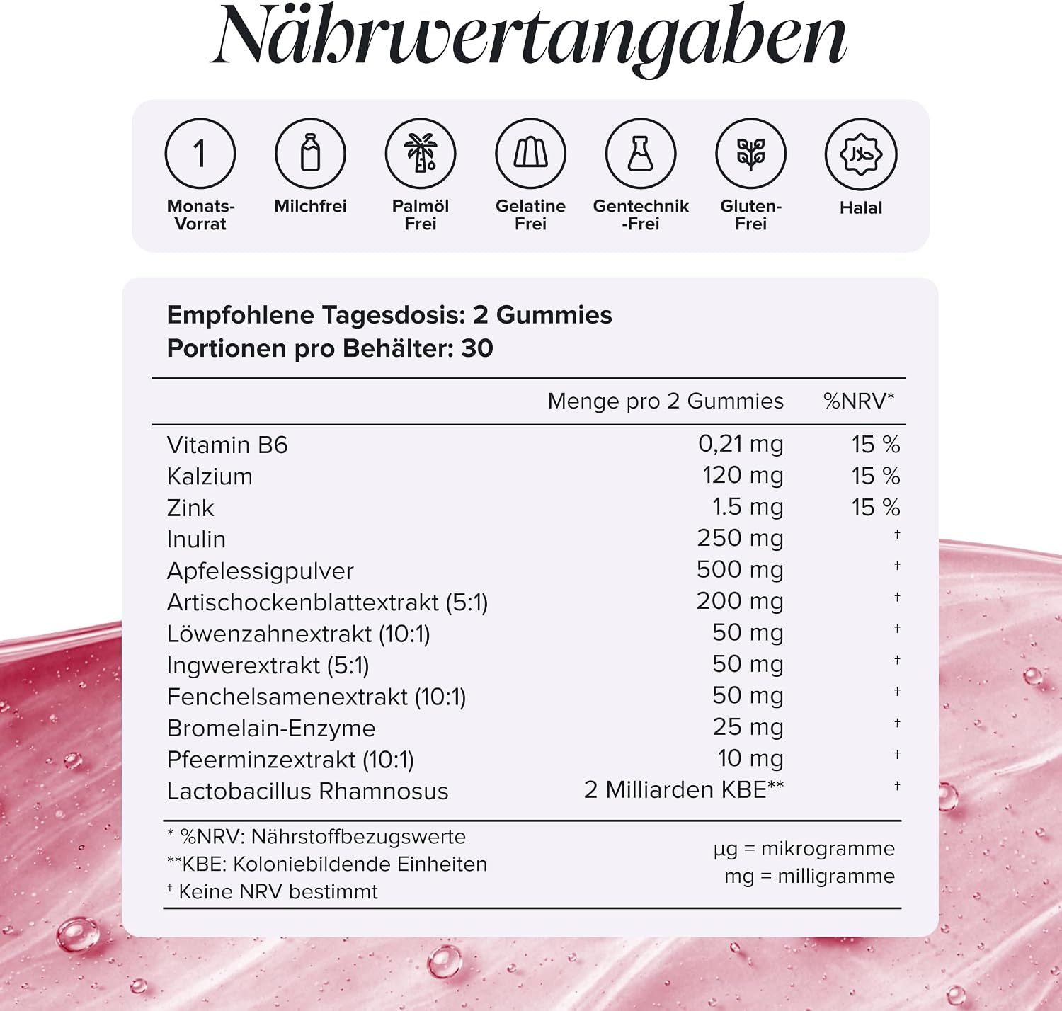 Nährwertangaben für Gummys mit Vitamin B6, Kalzium, Zink und pflanzlichen Extrakten.