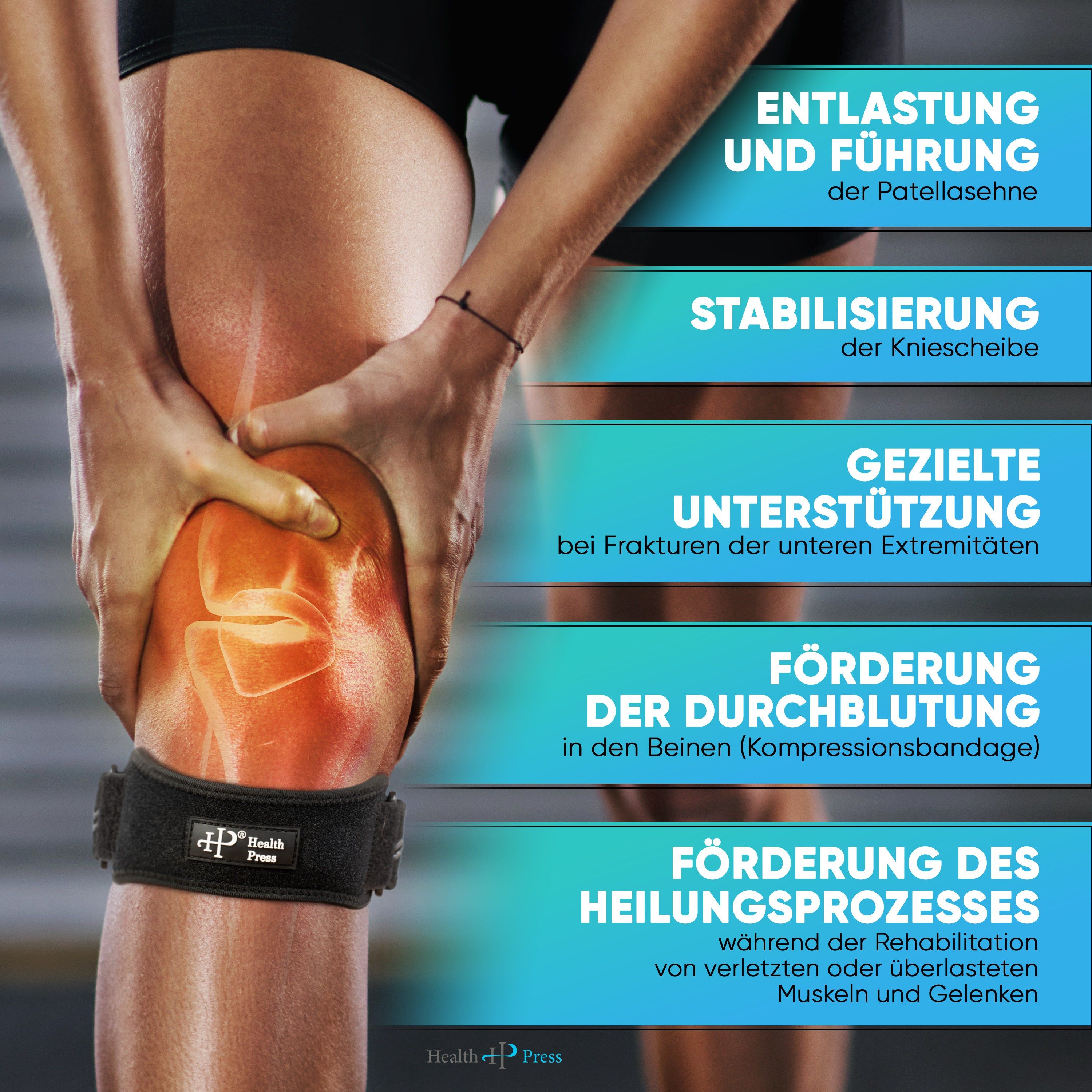Kniebandage am Bein. Text: Health Press. Diagramm zeigt Vorteile: Entlastung, Stabilisierung, Unterstützung, Durchblutung, Heilung.