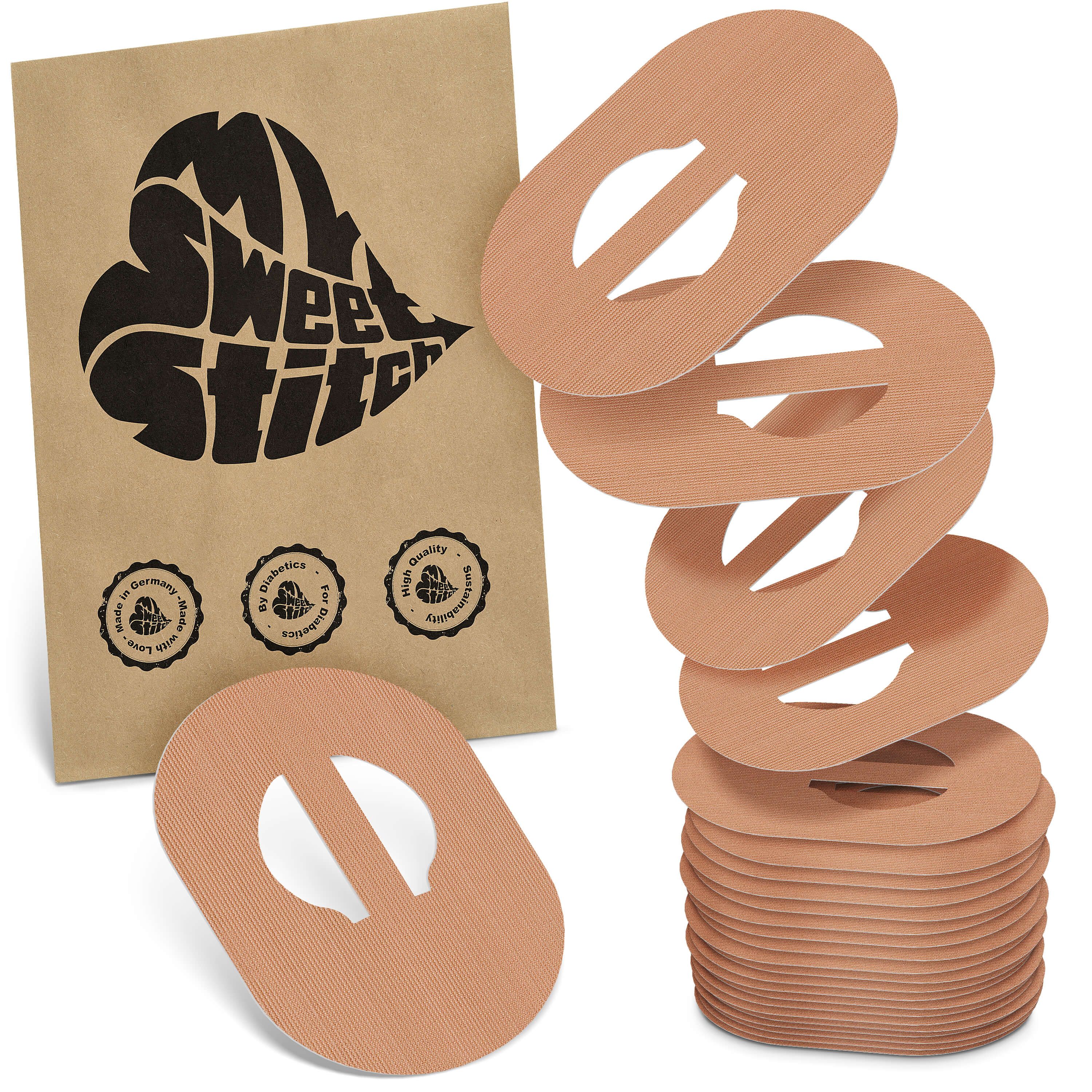 Packung und Pflaster. Aufdruck: MySweetStitch. Pflaster oval, beige, mit Aussparung.