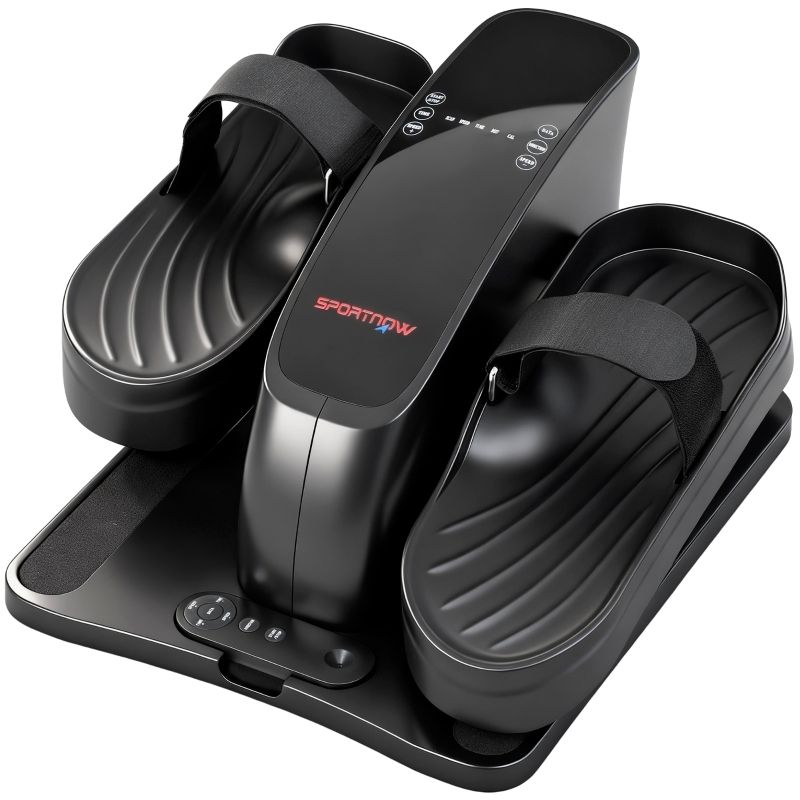 Schwarzer Mini-Ellipsentrainer. Zwei Fußpedale mit Riemen, zentrales Bedienfeld mit Tasten und LED-Anzeige. SPORTNOW-Logo.