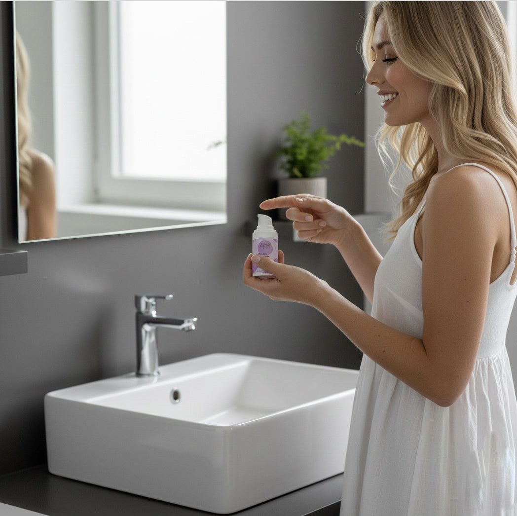 Frau hält Zero Skin Glättende Augencreme über einem Waschbecken.