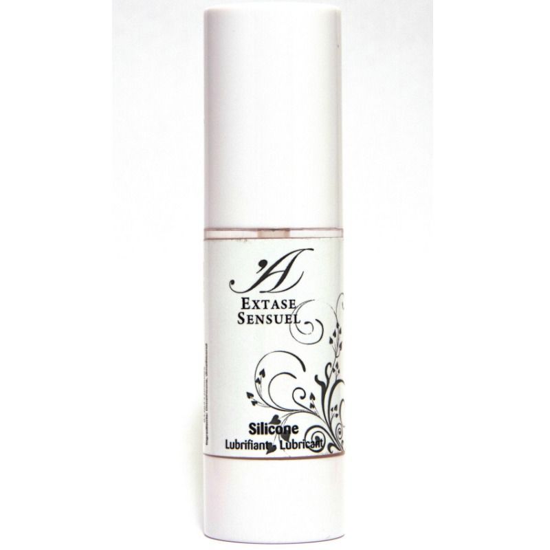 Zylindrische Flasche mit weißem Deckel. Aufschrift: Extase Sensuel, Silicone, Lubricant. Floral-Dekor.