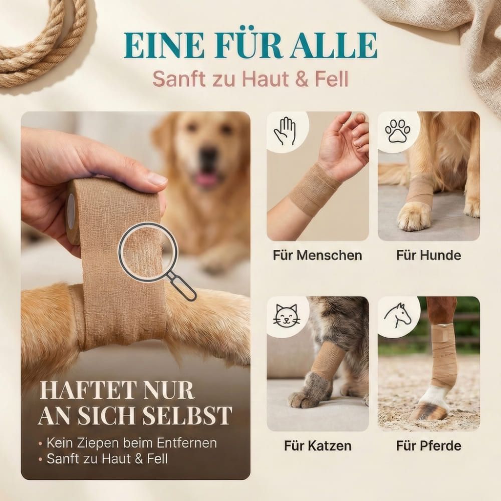 Bandage wird an Mensch, Hund, Katze und Pferd gezeigt. Text: Haftet nur an sich selbst. Sanft zu Haut & Fell.