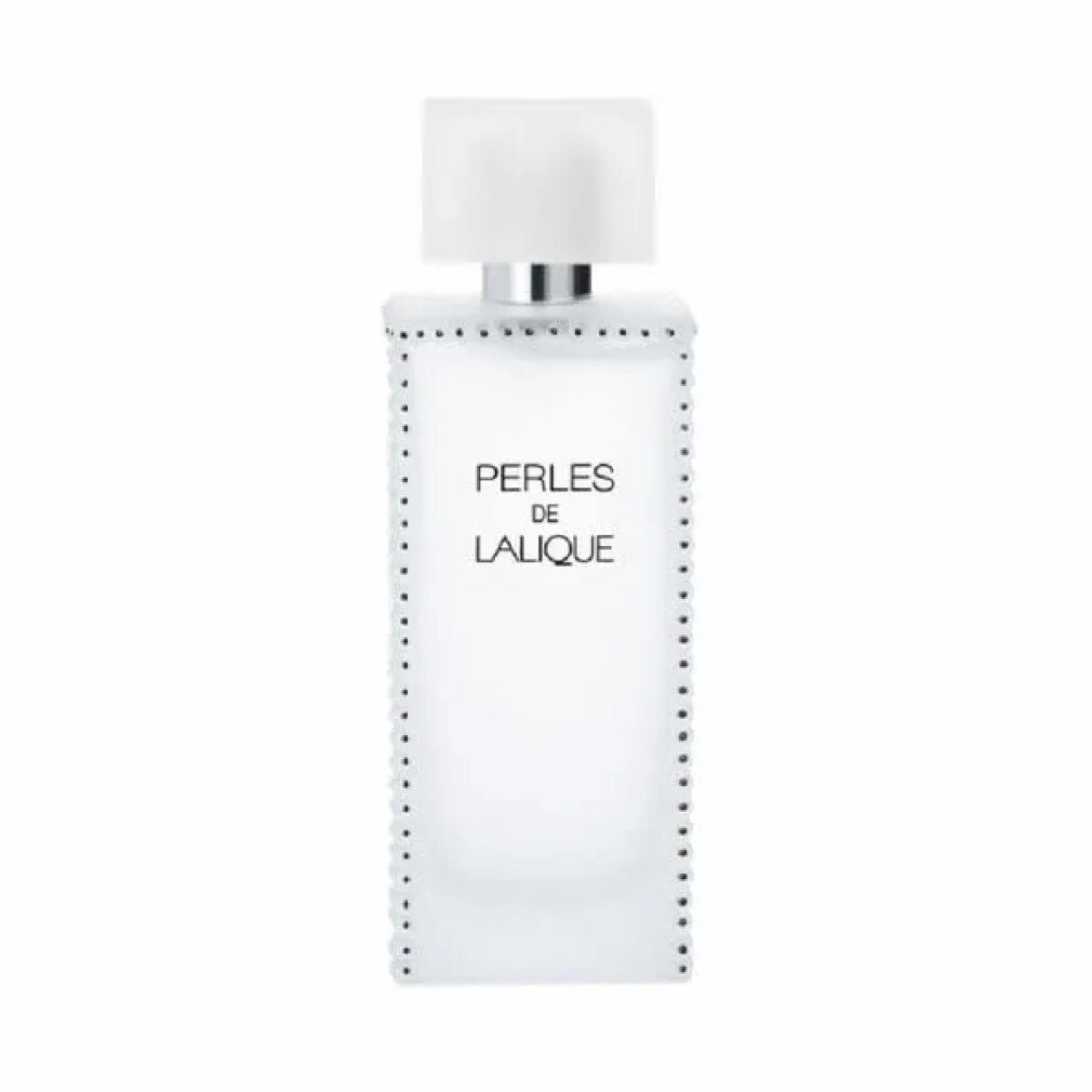 Rechteckiger Flakon von Perles de Lalique Eau de Parfum Spray. Quadratischer Deckel. Produktname und Marke auf dem Flakon.