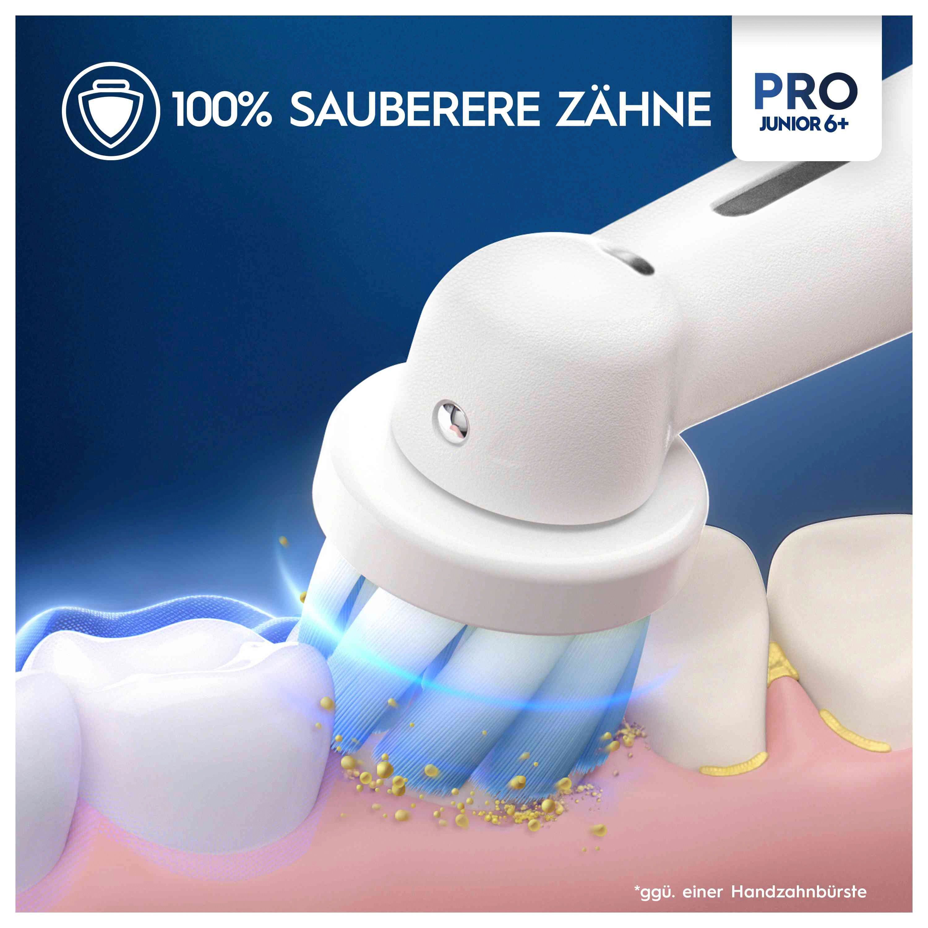 Nahaufnahme des Bürstenkopfes einer elektrischen Zahnbürste. Blaue Borsten reinigen Zähne. Text: 100% sauberere Zähne.