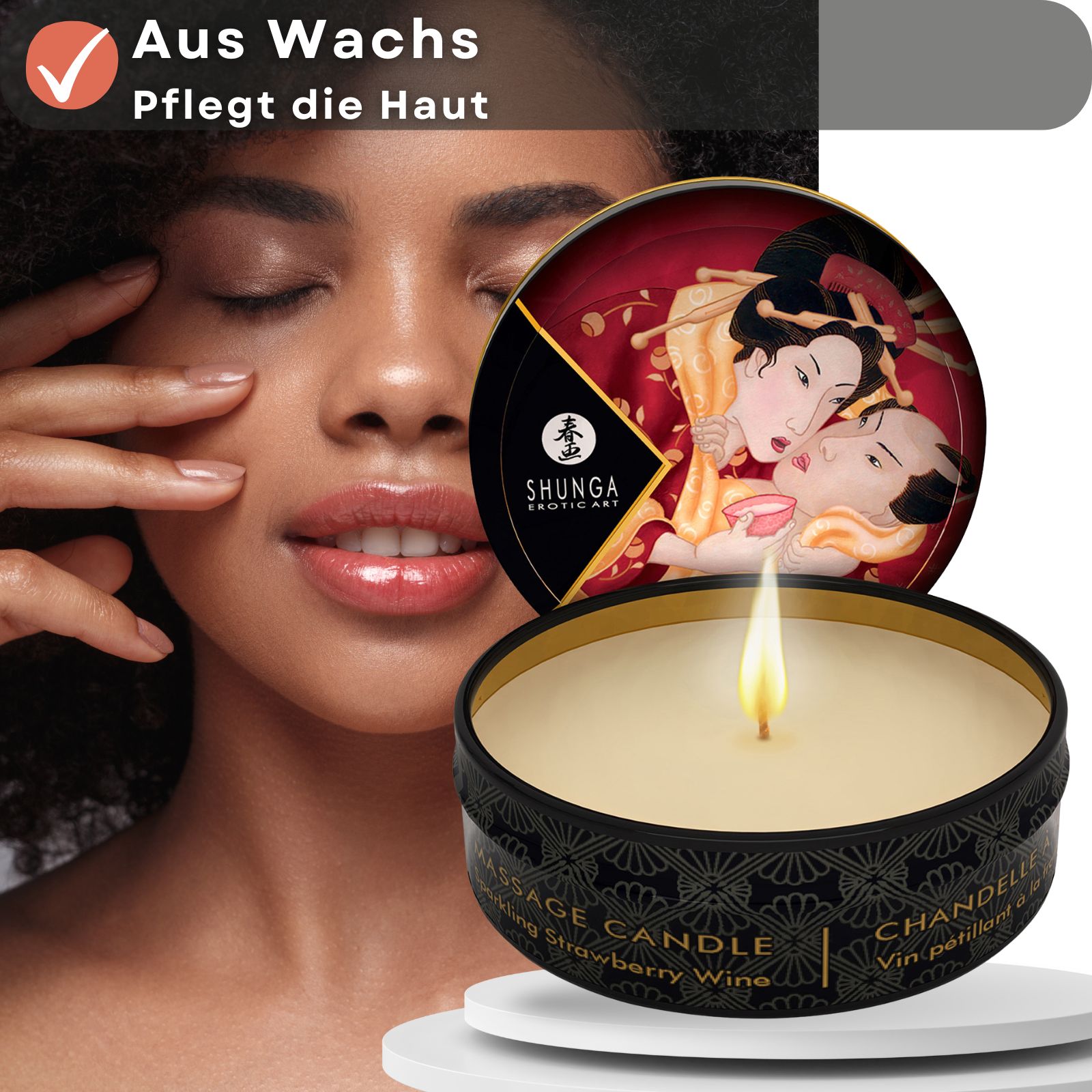 Frau mit geschlossenen Augen neben Massagekerze. Dose mit Deckel, Motiv: erotische Kunst. Text: Massage Candle, Strawberry Wine. Text: Aus Wachs, Pflegt die Haut.