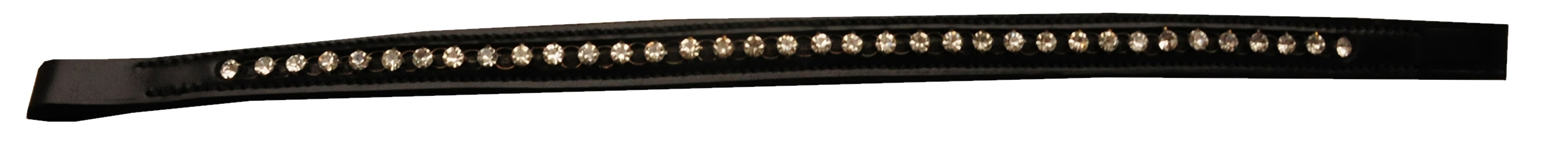Schwarzes Stirnband mit Strasssteinen in Reihe angeordnet.