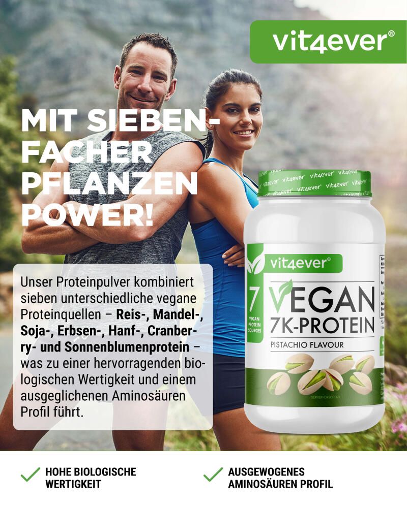 Vit4ever-Proteinpulver-Behälter neben Sportlern. Text: Mit siebenfacher Pflanzen Power! 7 vegane Proteinquellen. Hohe biologische Wertigkeit.