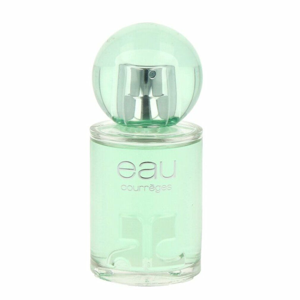 Grünes Glasflakon mit silbernem Zerstäuber und Kappe. Aufschrift "eau courrèges".