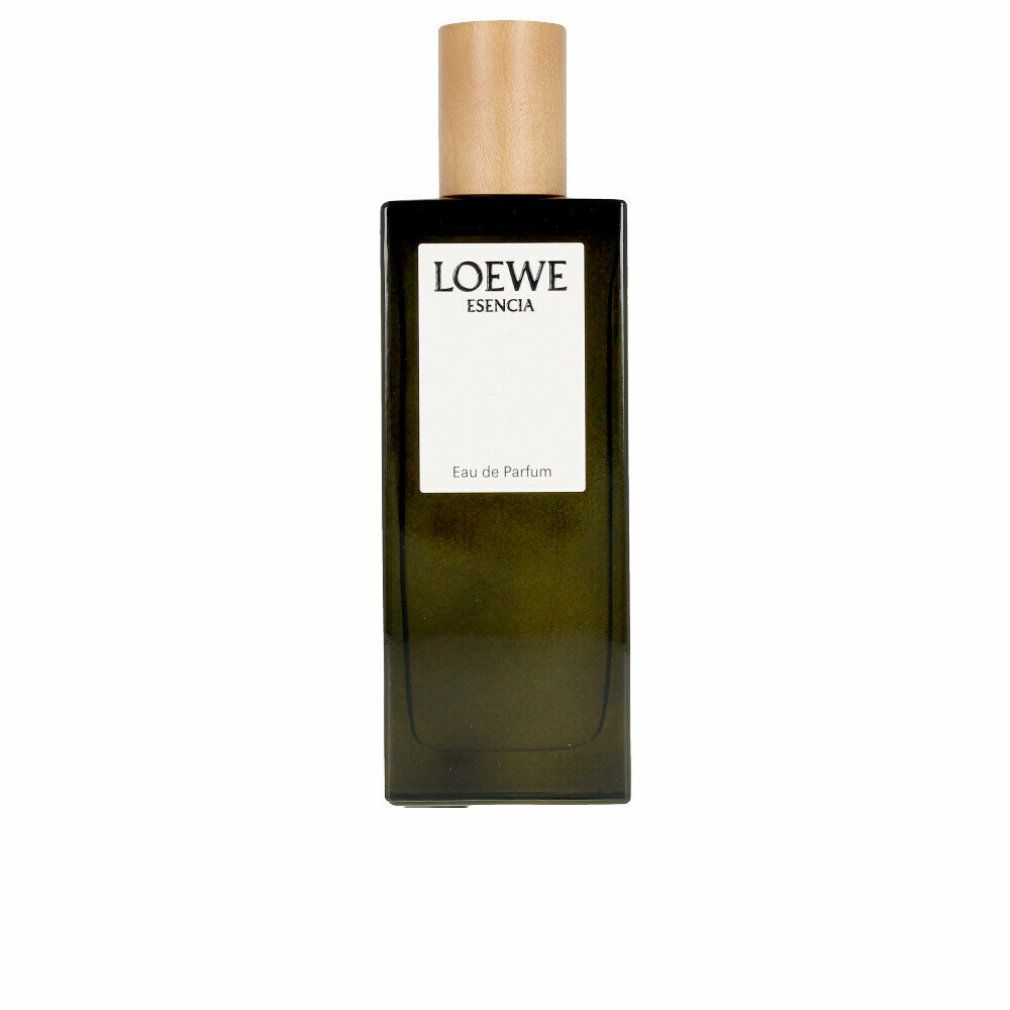 Dunkelgrüner Flakon mit Holzverschluss. Weißes Etikett mit schwarzem Text: LOEWE ESENCIA Eau de Parfum.