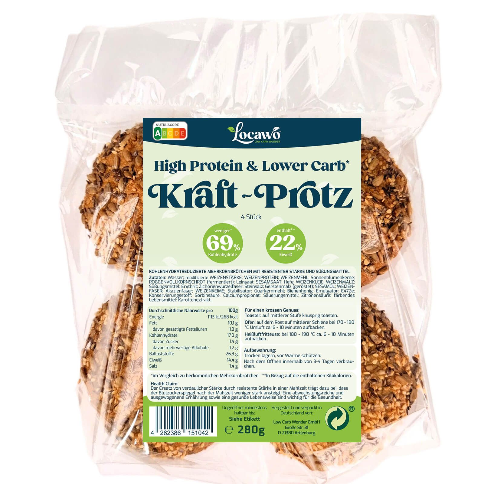 Verpackung mit vier "Locawo Kraft-Protz" Brötchen. Aufschrift: High Protein & Lower Carb. Grün-weißes Etikett mit Nährwertangaben.
